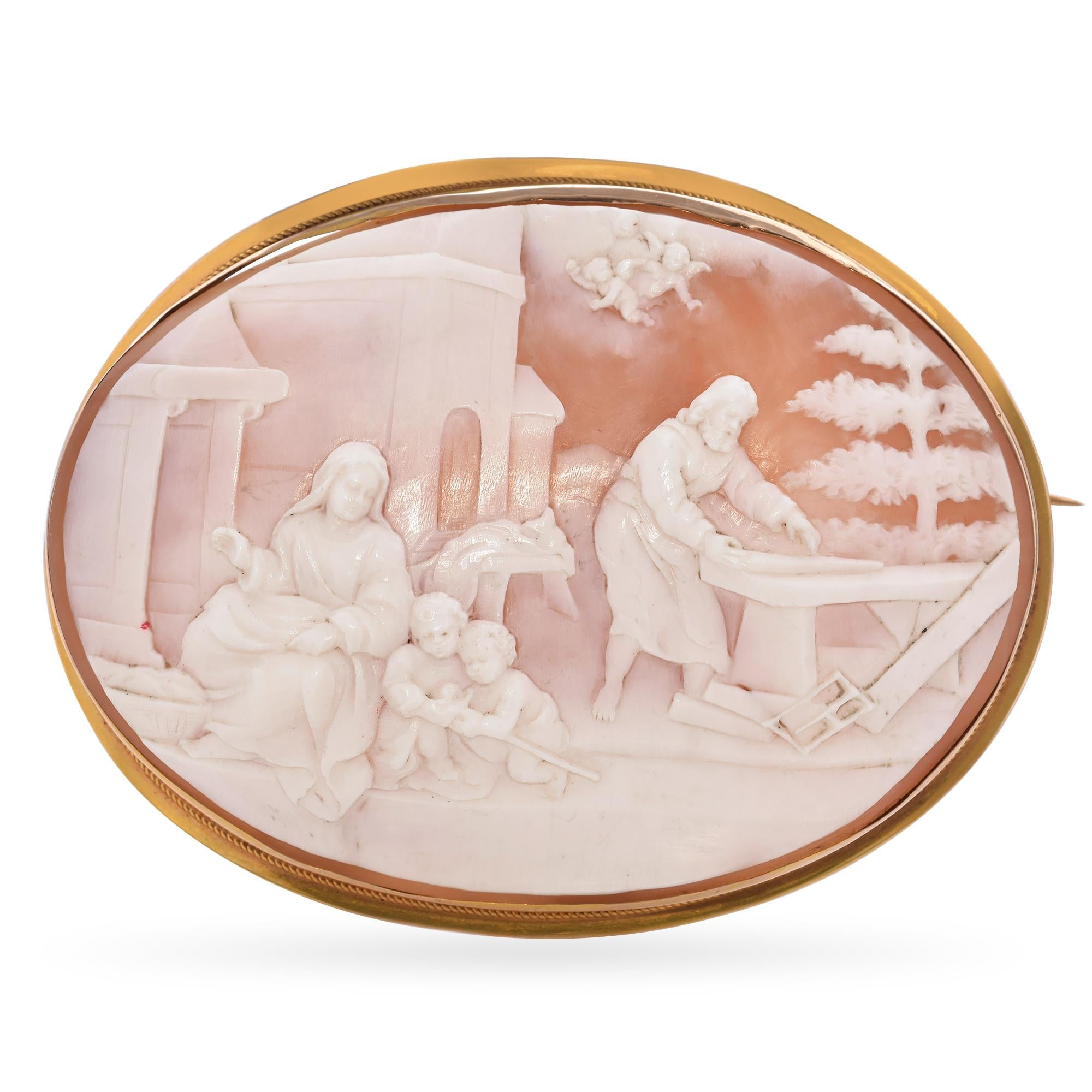 Antique 13K Yellow Gold Mary, Jesus, John, & Joseph Carpentry Scene Cameo Brooch