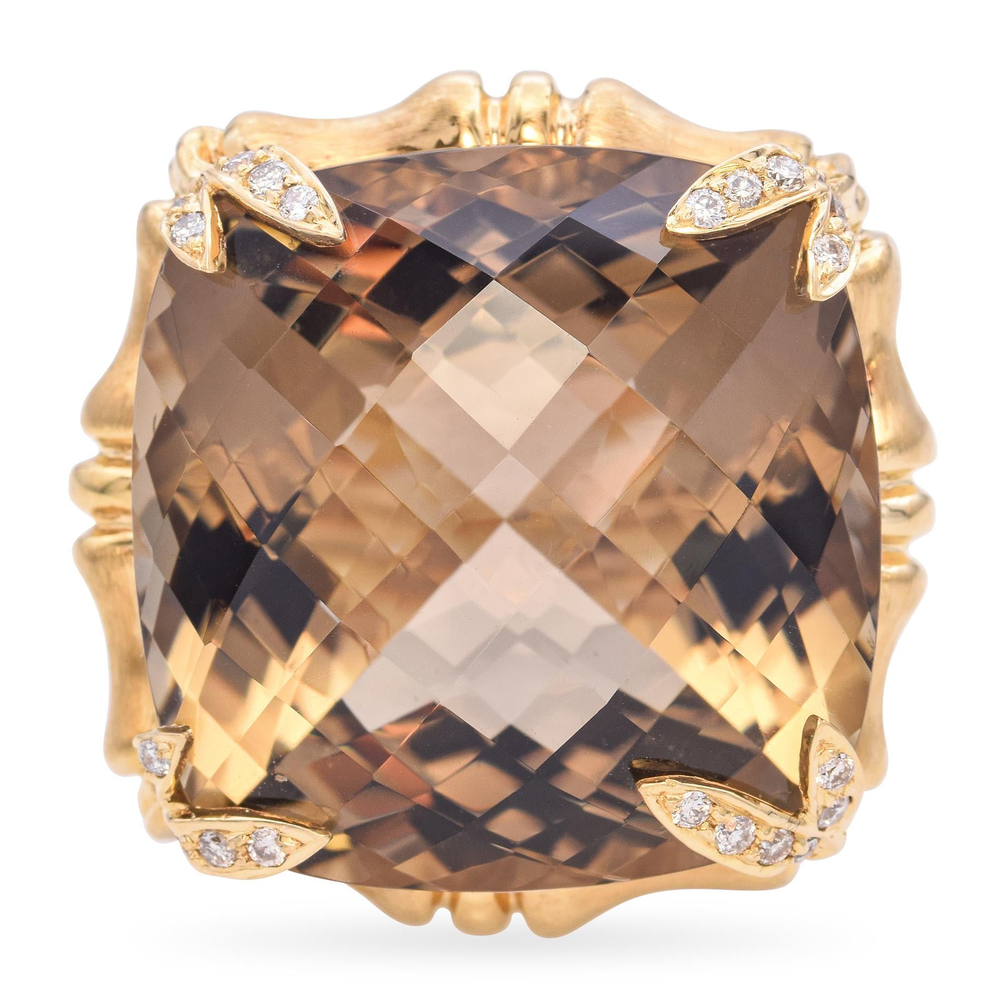 18k Yellow Gold Bamboo 40ct Smoky Quartz and Diamond Cocktail Ring