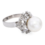 Vintage White Gold Silver Alloy Pearl and Diamond Ring