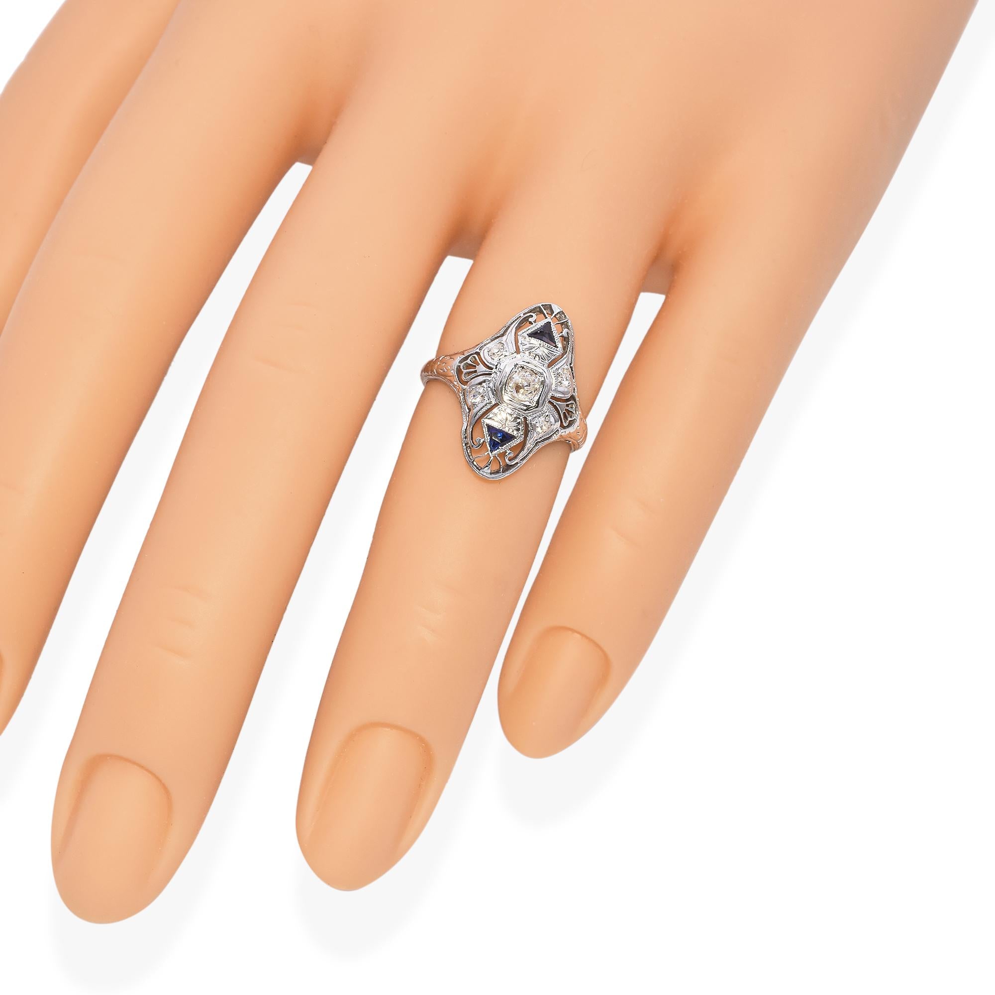 Art Deco 18k White Gold Diamond and Sapphire Filigree Dinner Ring