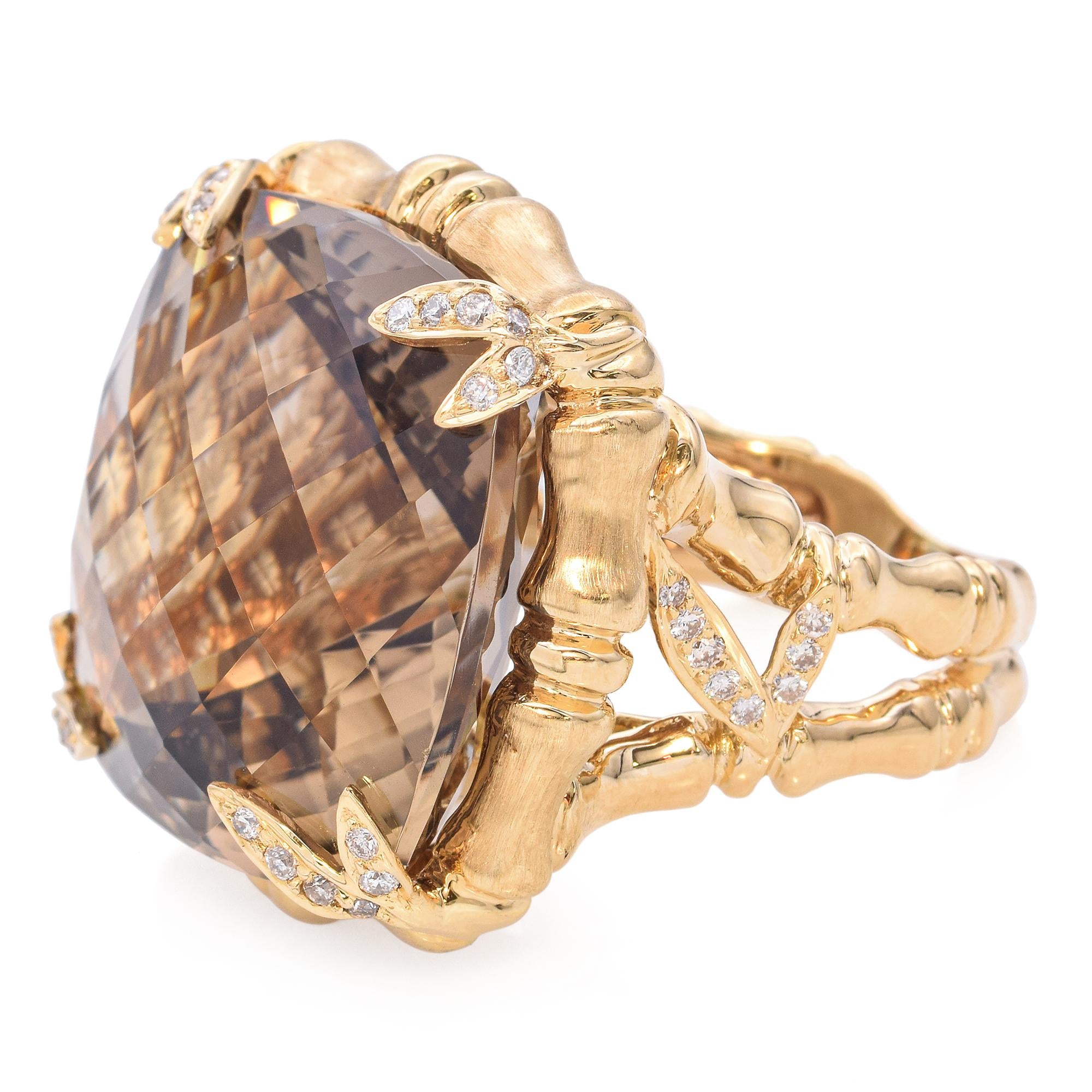 18k Yellow Gold Bamboo 40ct Smoky Quartz and Diamond Cocktail Ring
