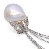 Vintage 18k White Gold Diamond and 17mm Baroque South Sea Pearl Pendant Necklace