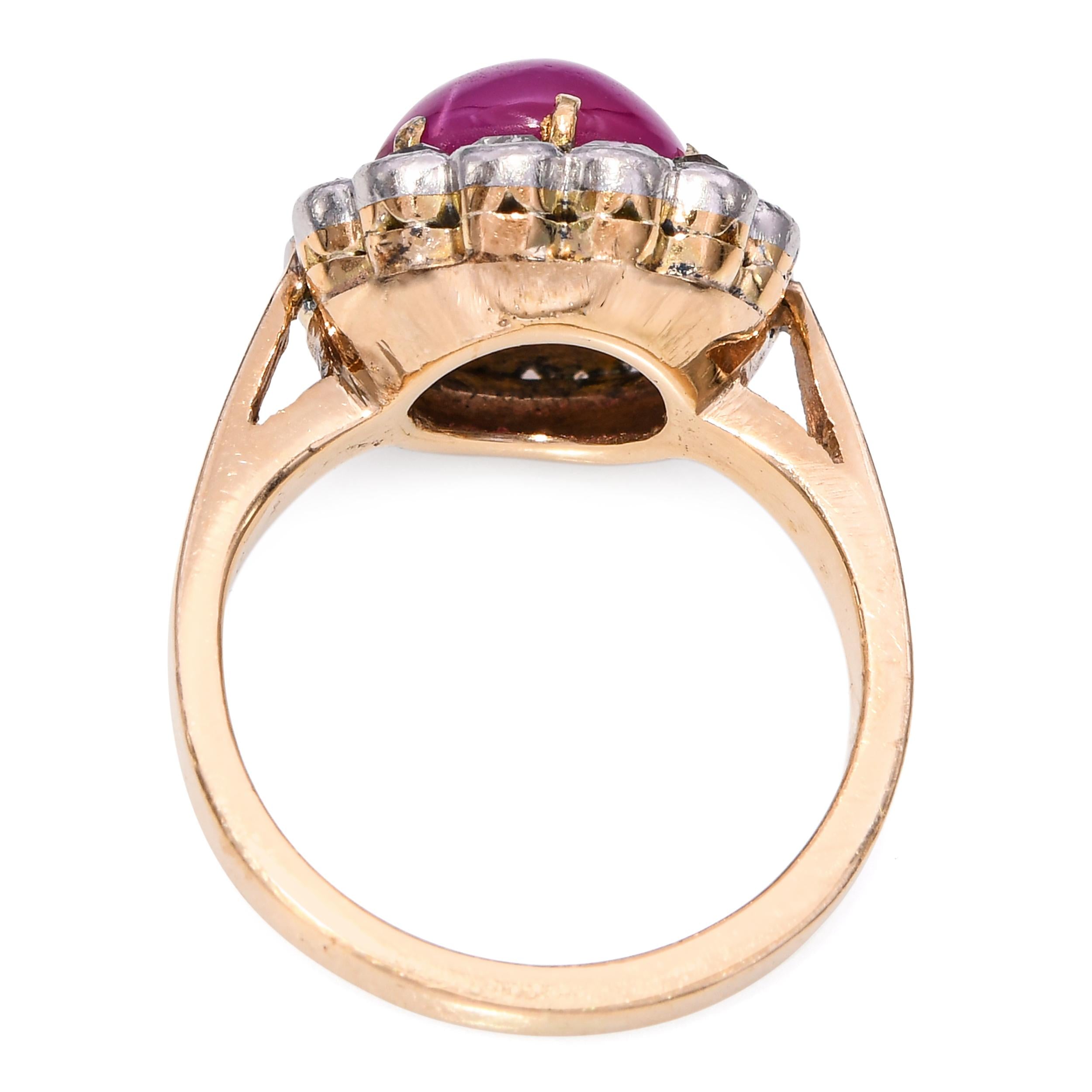 Vintage Yellow Gold Synthetic Star Ruby and Rose Cut Diamond Halo Ring