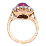 Vintage Yellow Gold Synthetic Star Ruby and Rose Cut Diamond Halo Ring