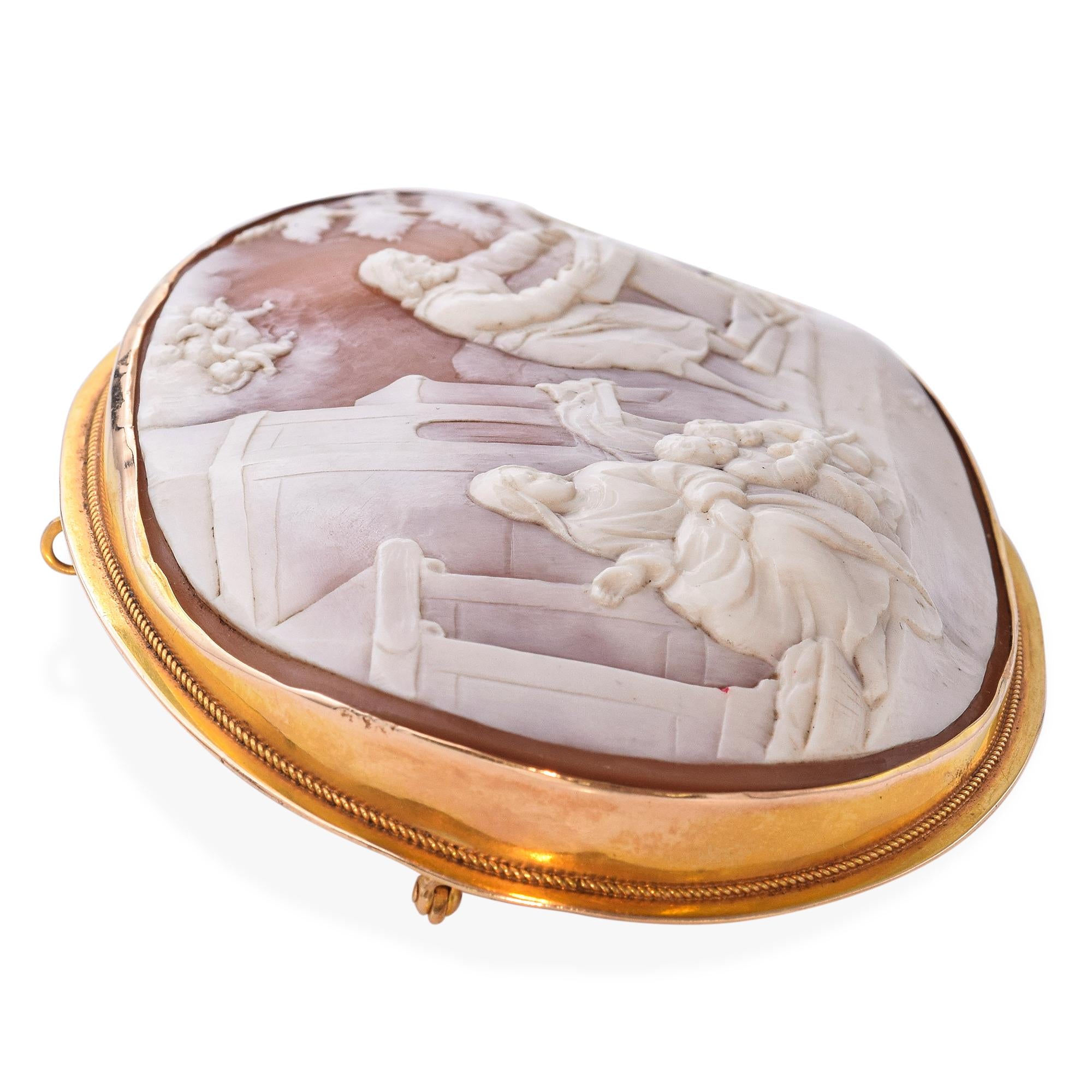 Antique 13K Yellow Gold Mary, Jesus, John, & Joseph Carpentry Scene Cameo Brooch