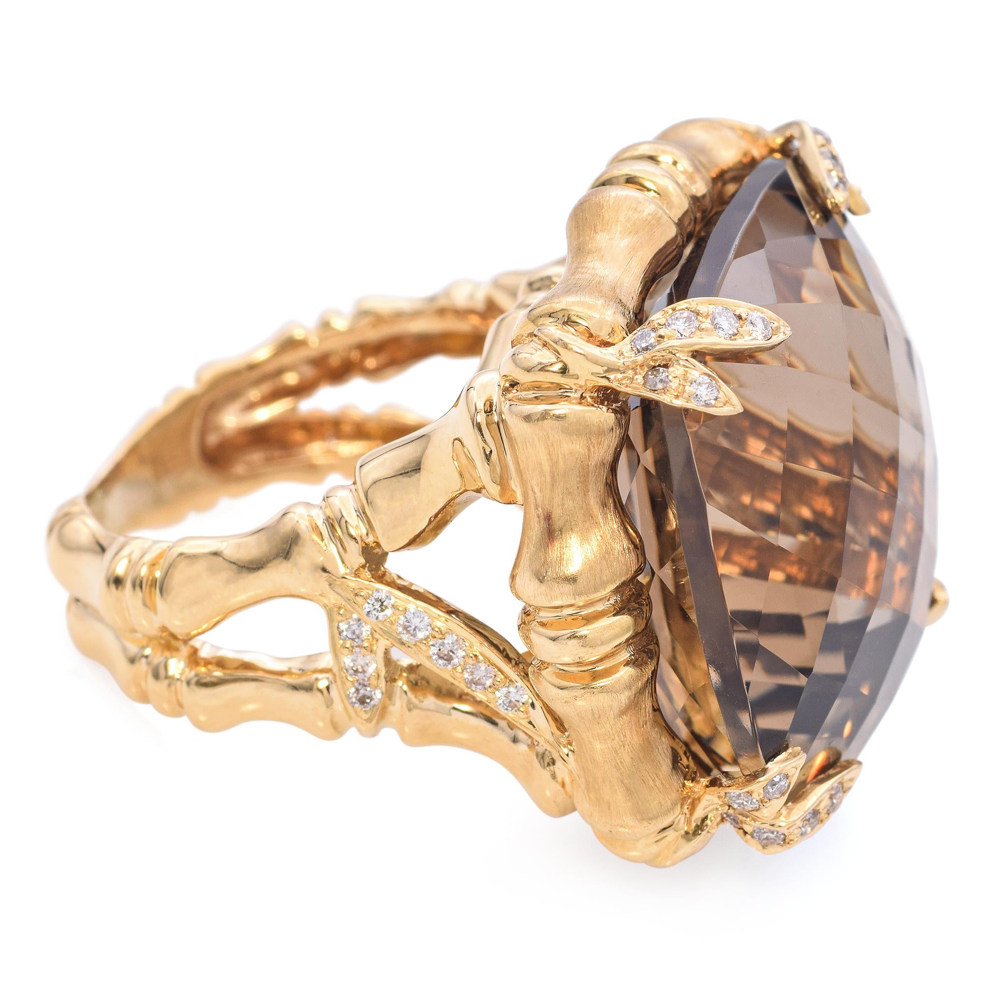 18k Yellow Gold Bamboo 40ct Smoky Quartz and Diamond Cocktail Ring
