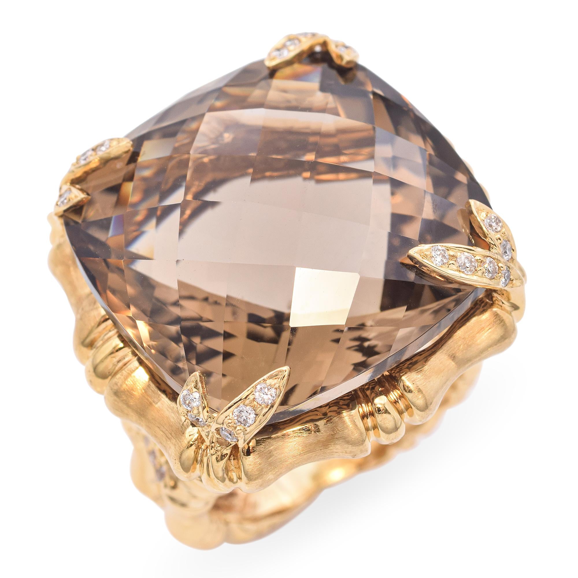 18k Yellow Gold Bamboo 40ct Smoky Quartz and Diamond Cocktail Ring