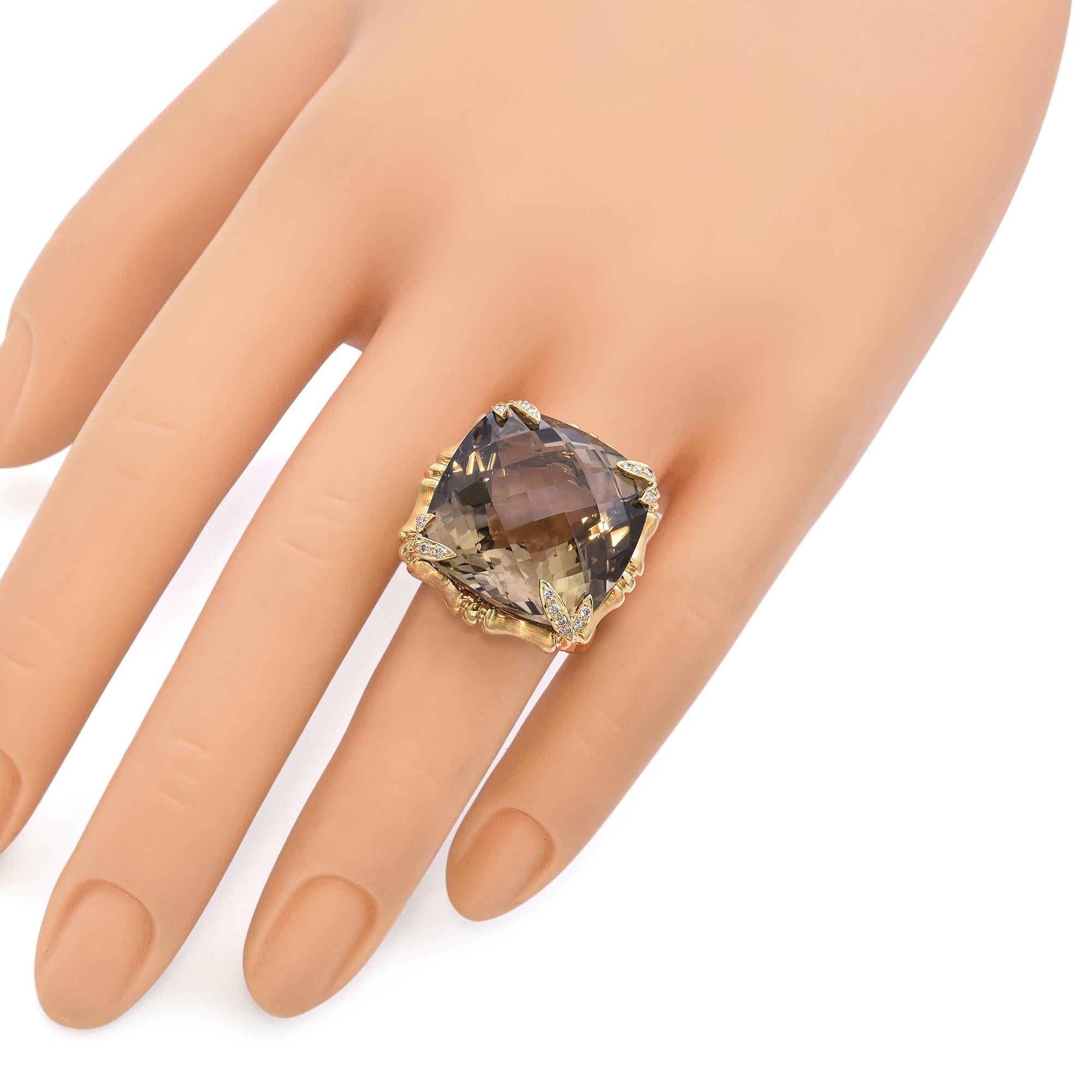 18k Yellow Gold Bamboo 40ct Smoky Quartz and Diamond Cocktail Ring