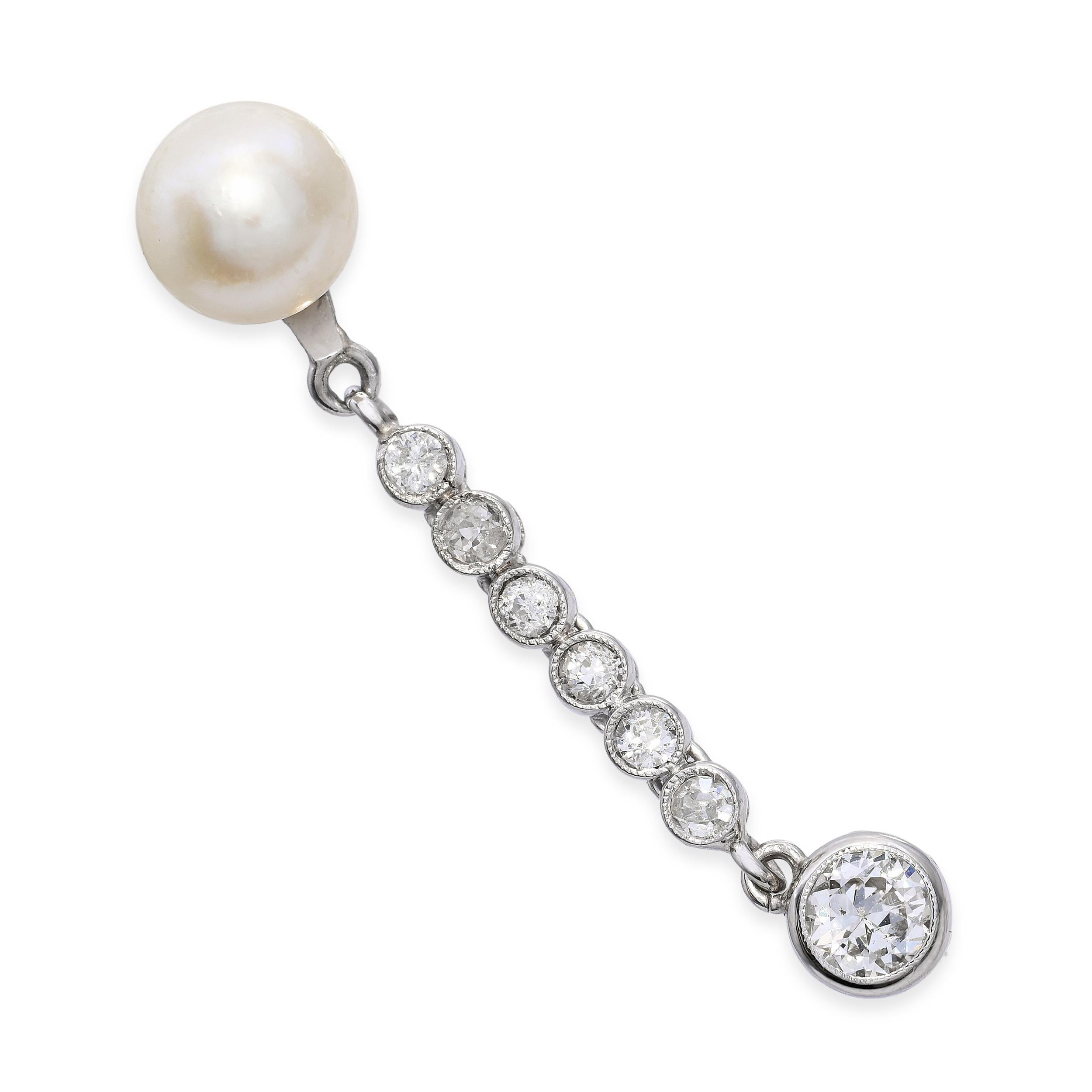 Antique Platinum Old Euro Diamond and Pearl Drop Pendant