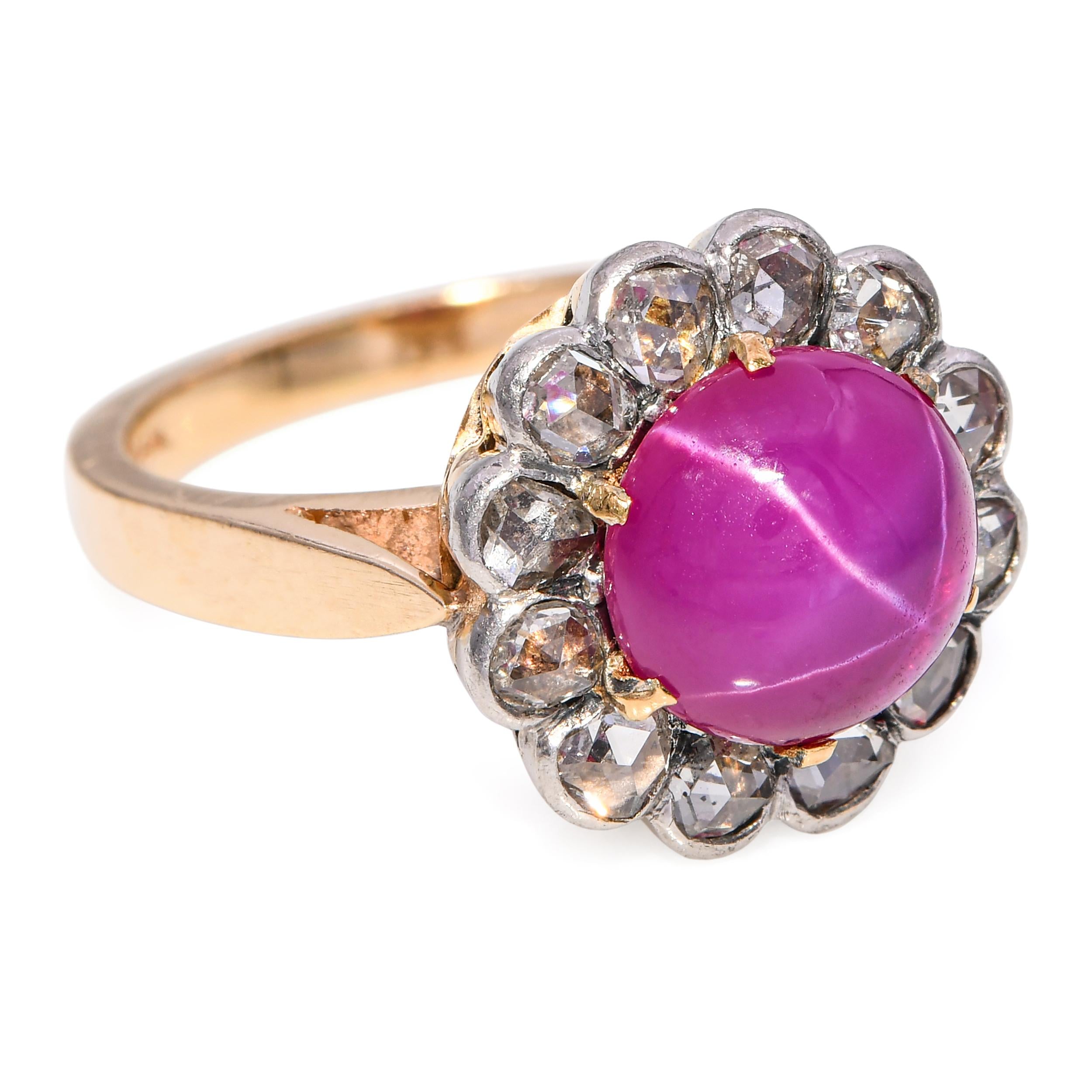 Vintage Yellow Gold Synthetic Star Ruby and Rose Cut Diamond Halo Ring