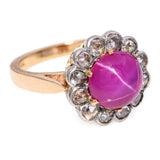 Vintage Yellow Gold Synthetic Star Ruby and Rose Cut Diamond Halo Ring