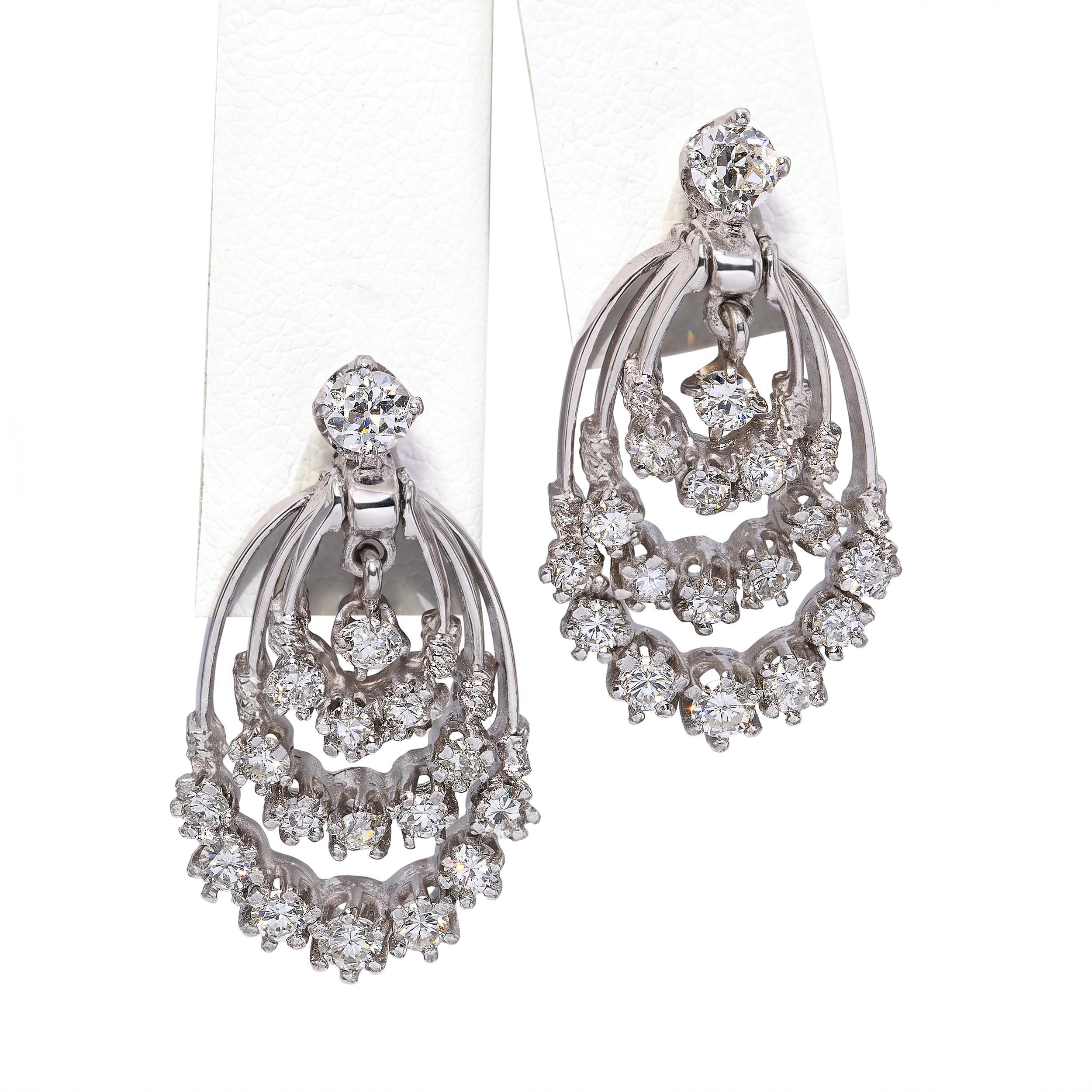 Vintage 14k White Gold 1.08tcw Diamond Articulated Teardrop Earrings