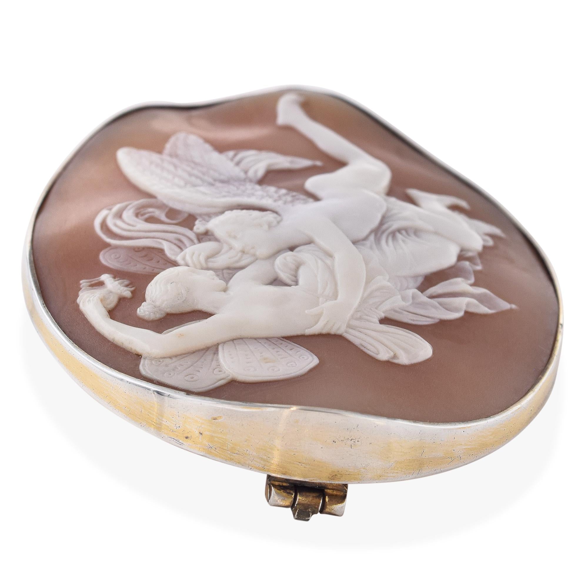 Antique Sterling Silver Psyche and Eros Cameo Brooch