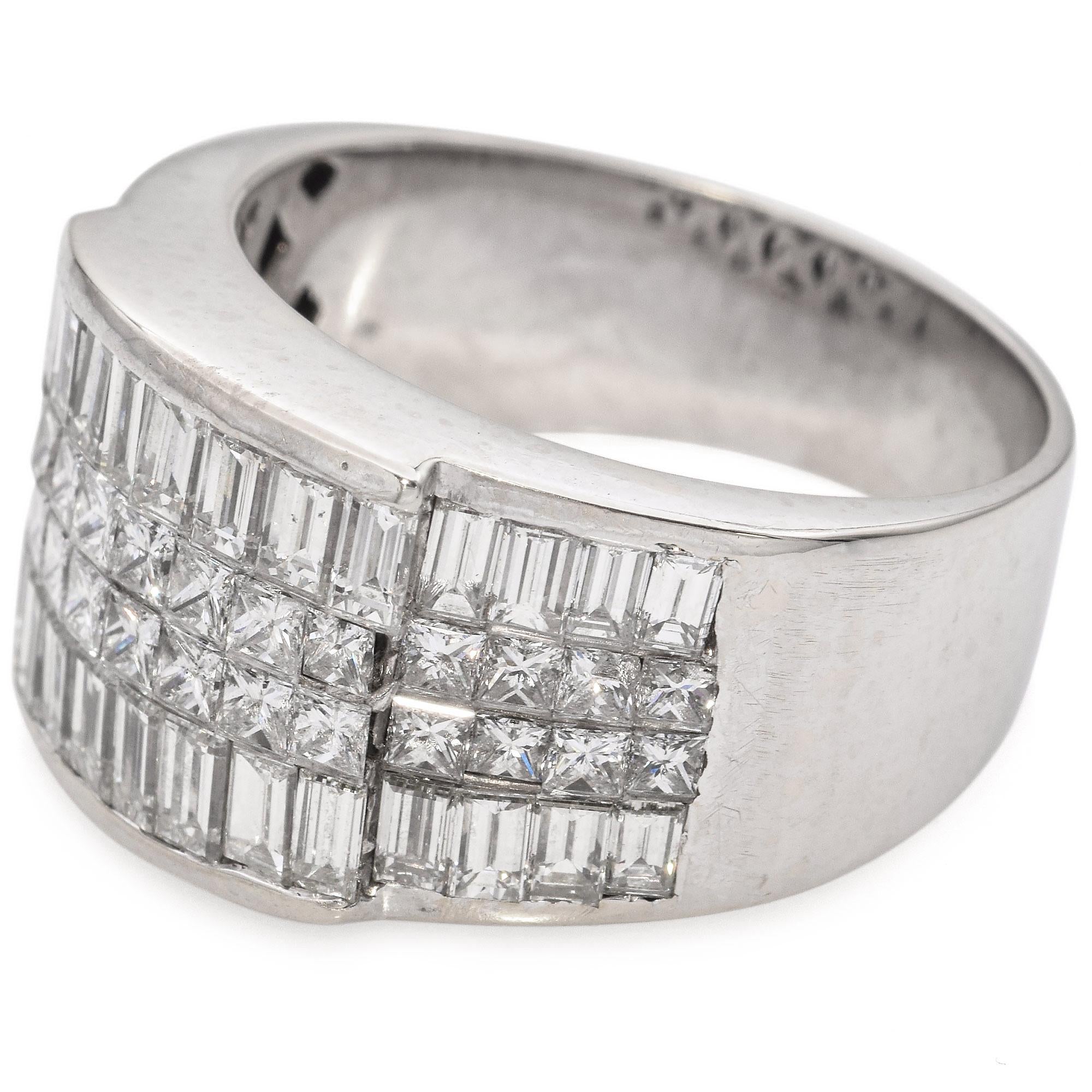 Vintage White Gold Baguette and Princess Cut Diamond Wide Statement Band Ring