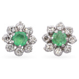Vintage 18k White Gold Natural Emerald and Diamond Halo Stud Earrings
