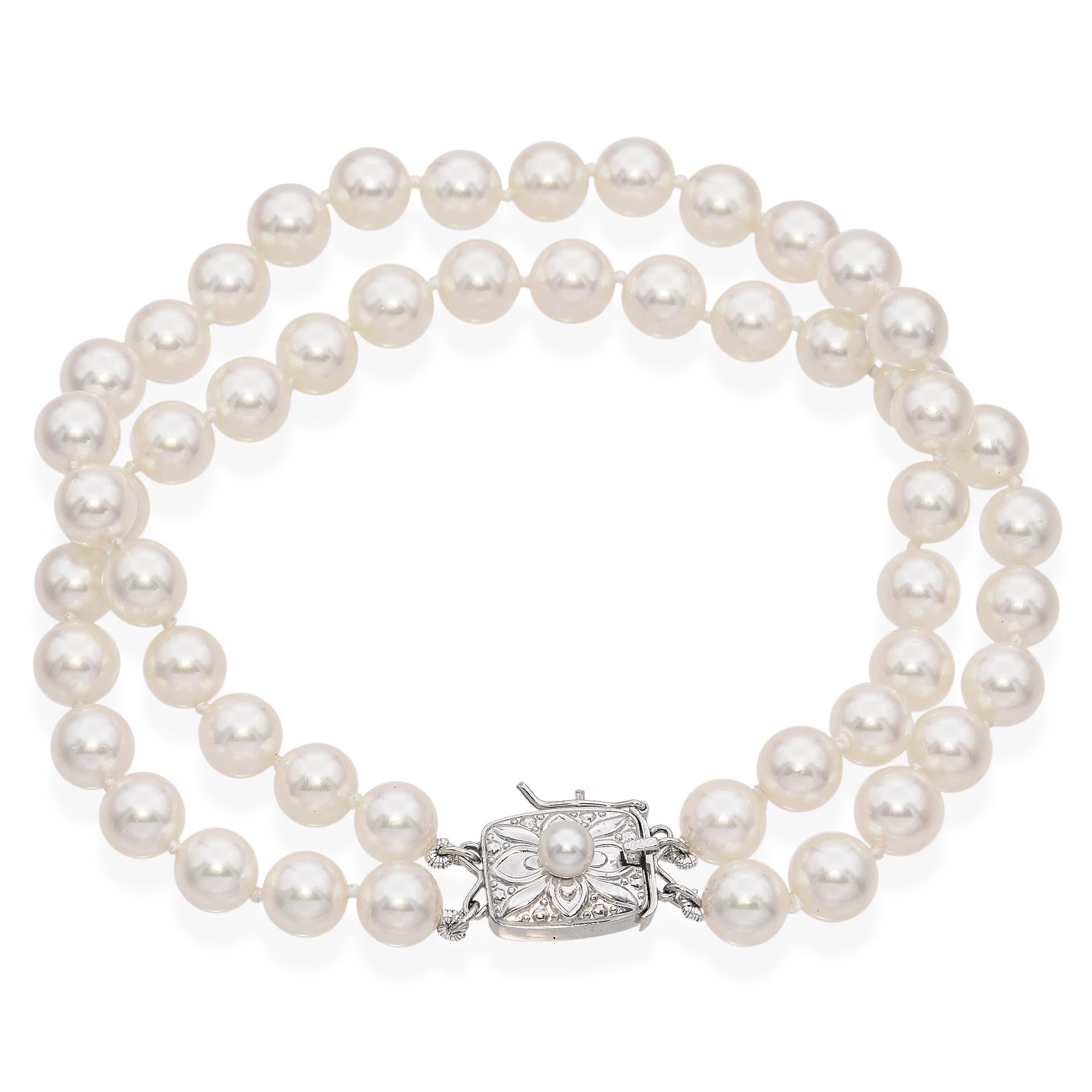 Vintage Mikimoto 14k White Gold Double Strand Pearl Bracelet