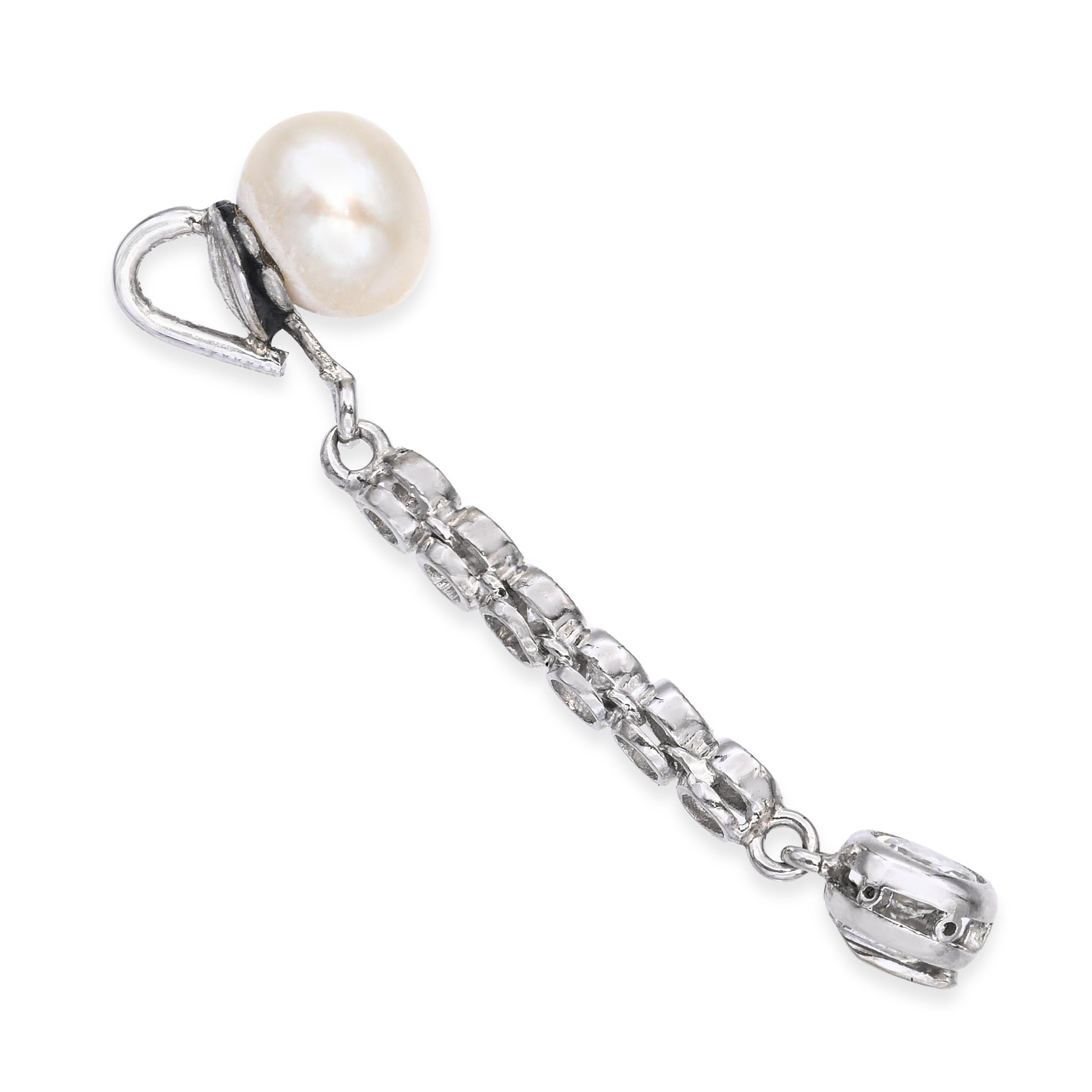 Antique Platinum Old Euro Diamond and Pearl Drop Pendant