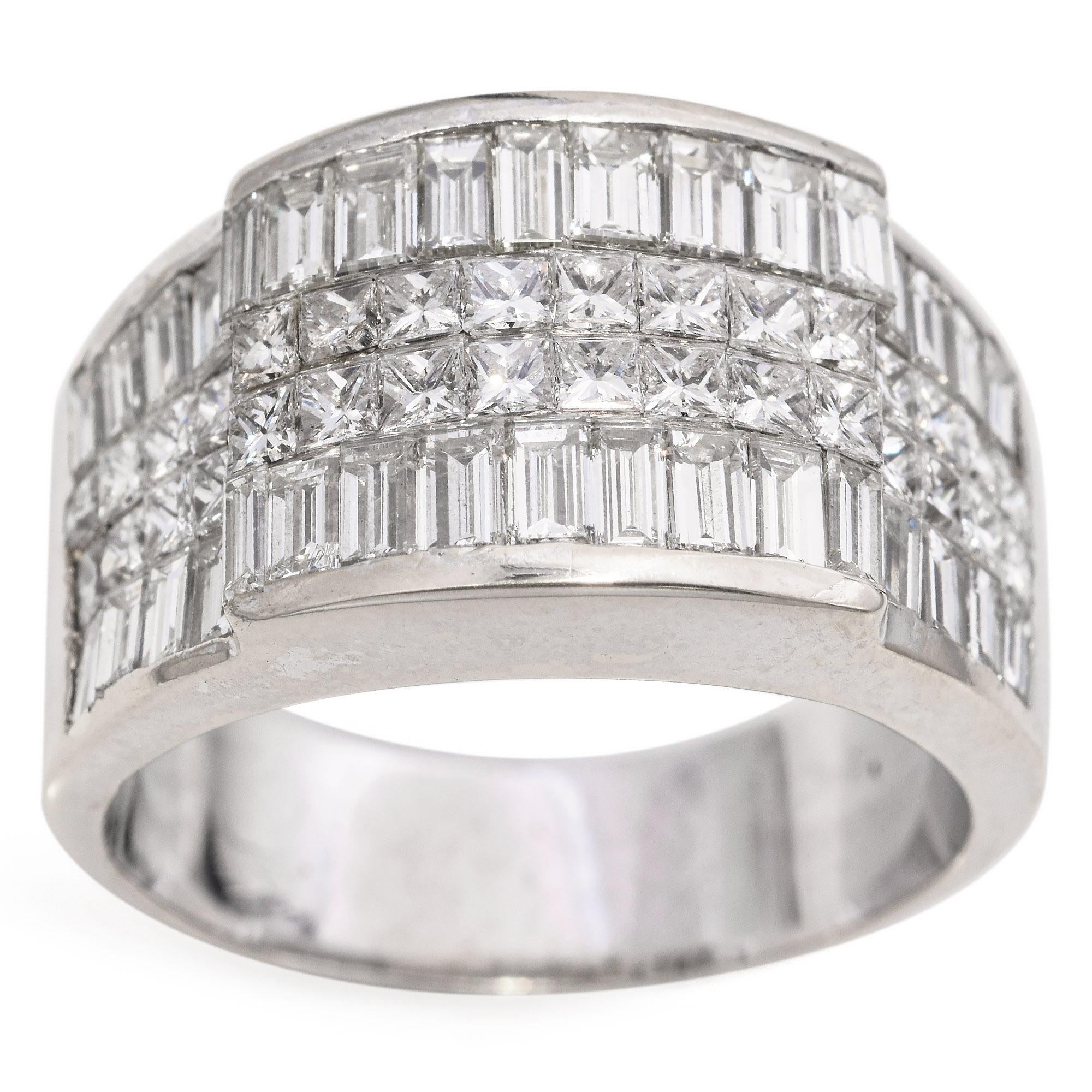 Vintage White Gold Baguette and Princess Cut Diamond Wide Statement Band Ring