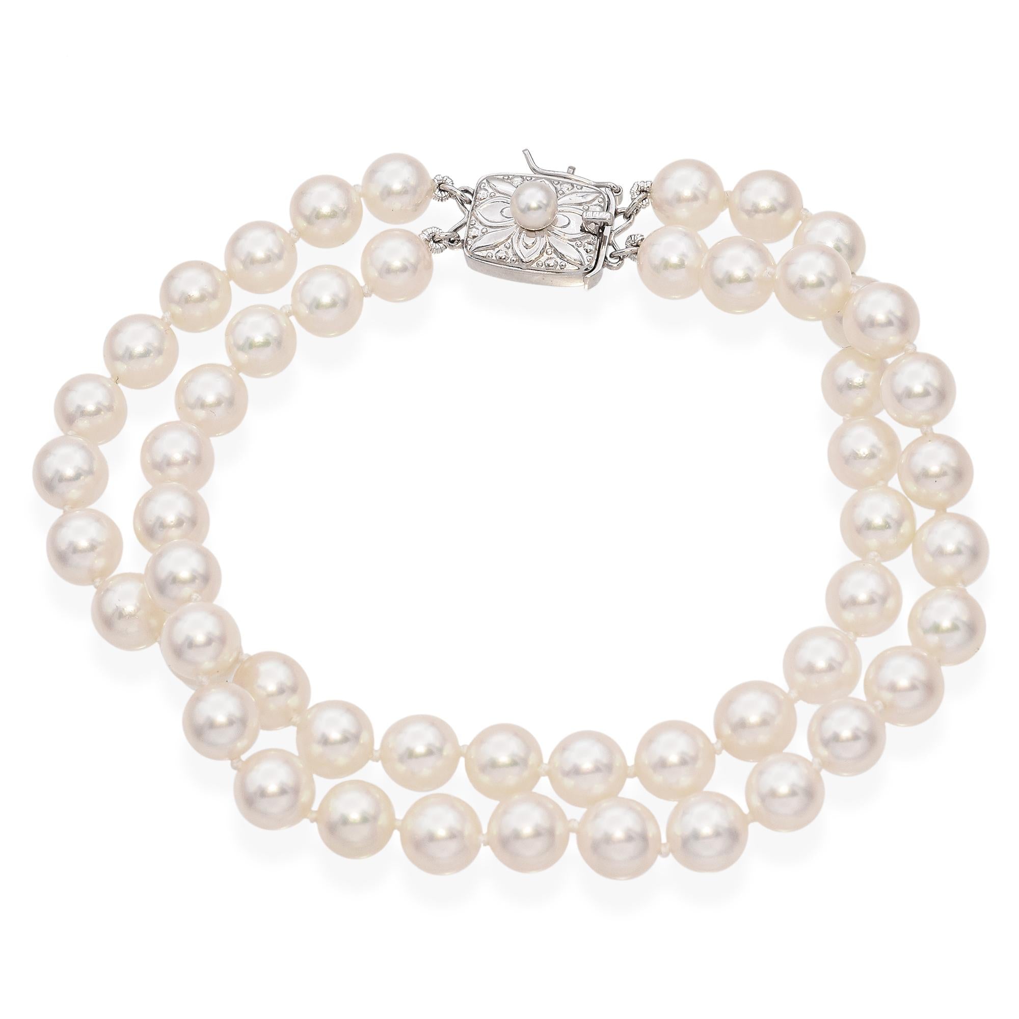Vintage Mikimoto 14k White Gold Double Strand Pearl Bracelet
