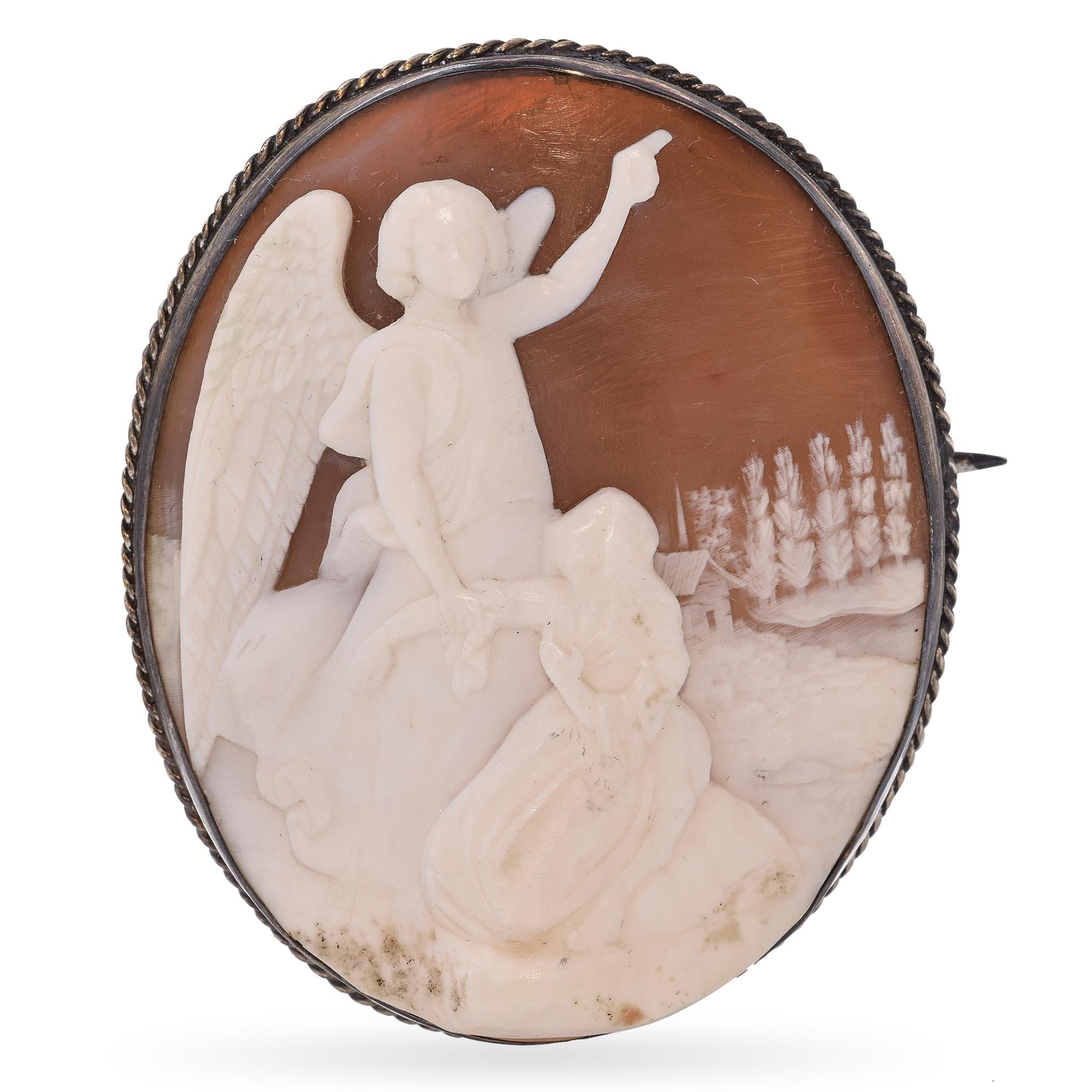 Antique Silver Angel Tells Mary Magdalene "Jesus Has Risen" Cameo Brooch Pendant