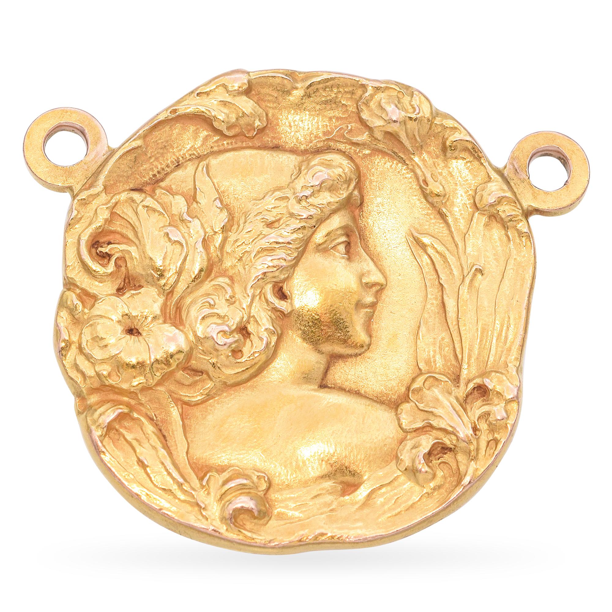 Antique Art Nouveau 15k Yellow Gold Nymph Medallion Pendant