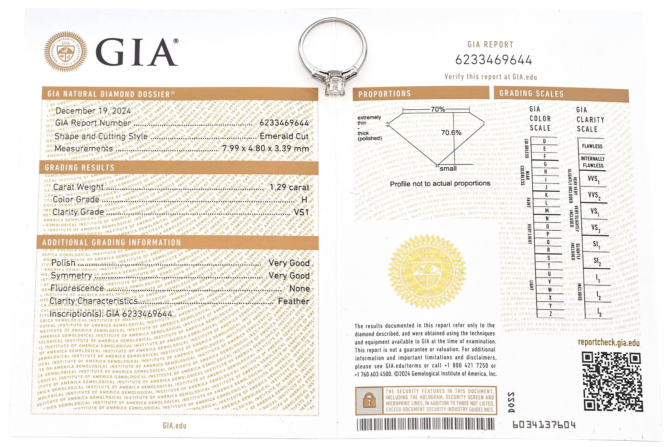 Vintage Platinum 1.29ct H VS1 Emerald Cut Diamond Engagement Ring GIA