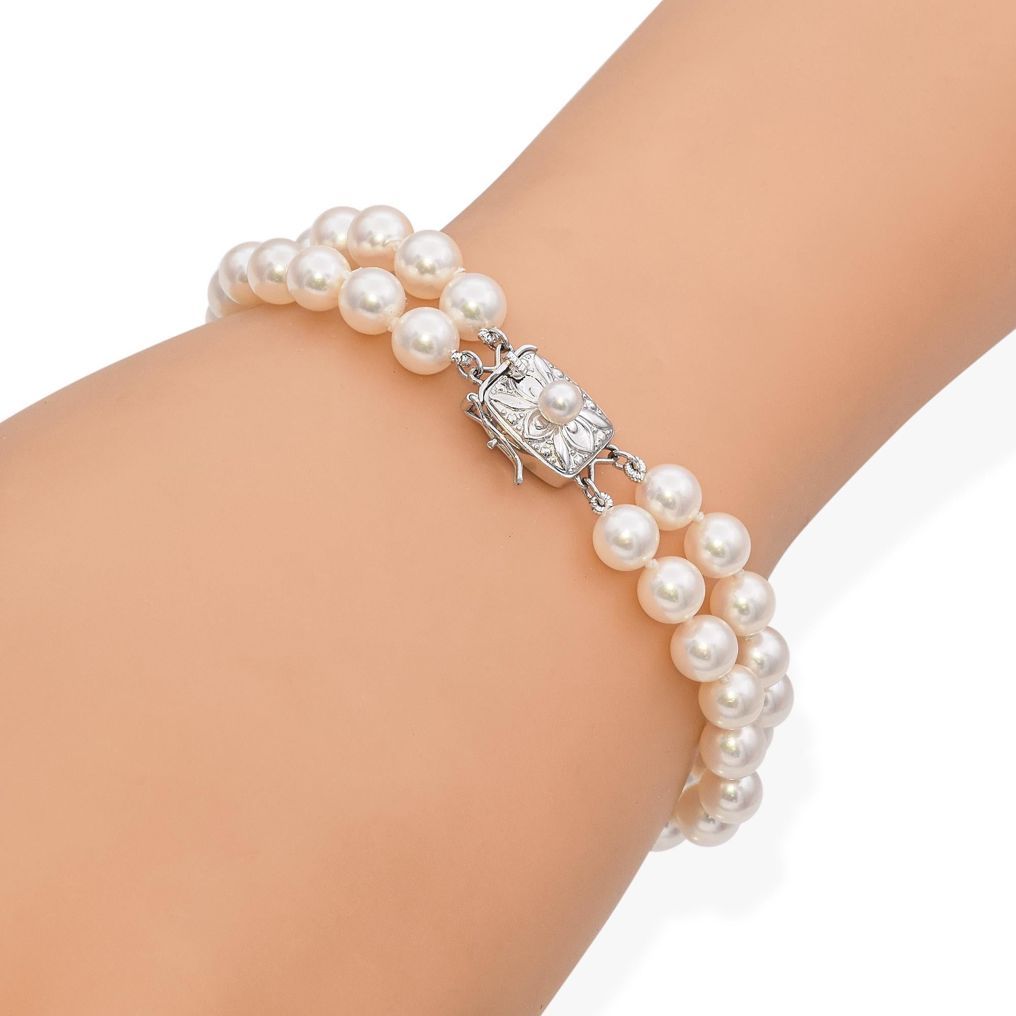 Vintage Mikimoto 14k White Gold Double Strand Pearl Bracelet