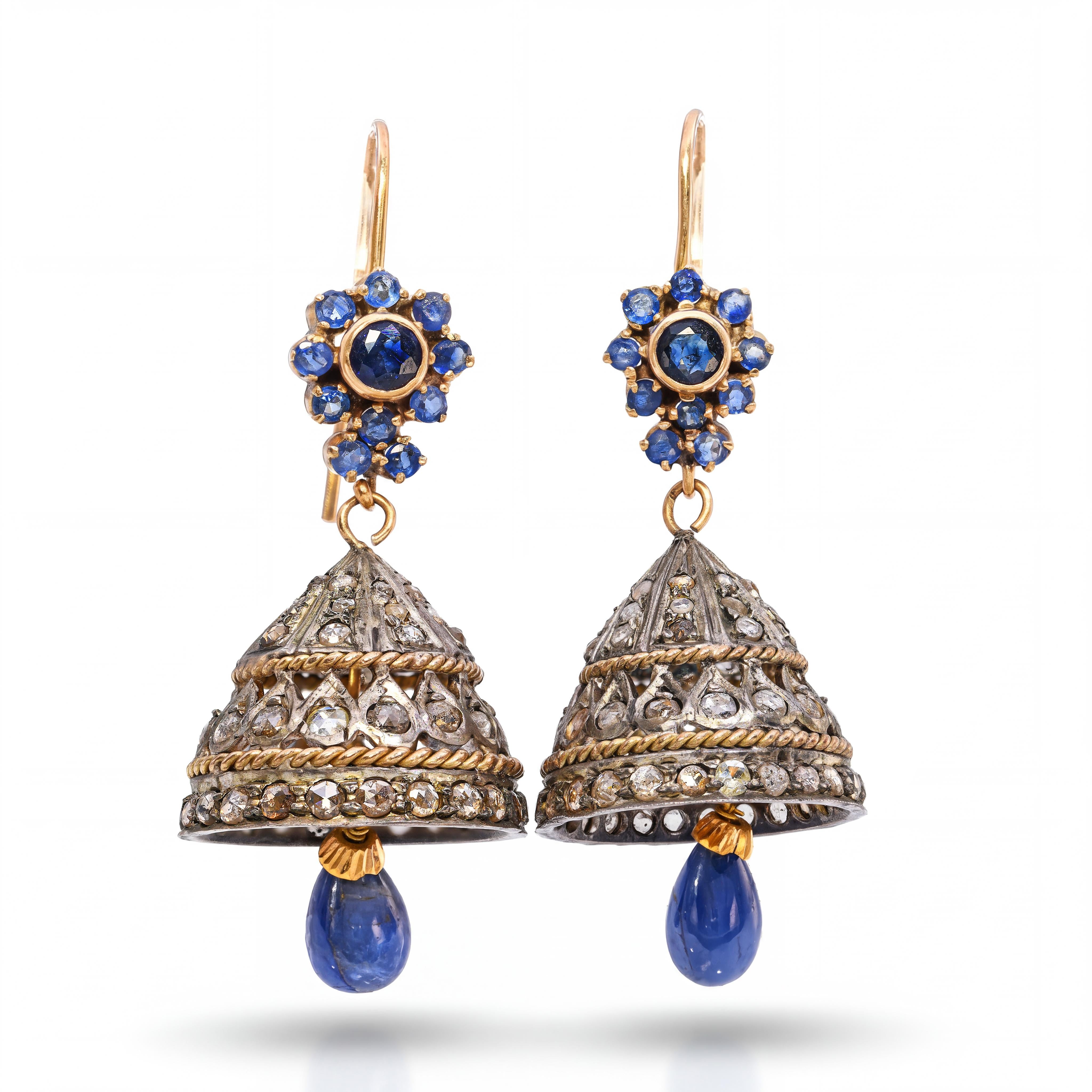 Vintage 14k Yellow Gold & Silver Rose Cut Diamond and Sapphire Bell Earrings