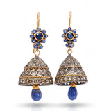 Vintage 14k Yellow Gold & Silver Rose Cut Diamond and Sapphire Bell Earrings