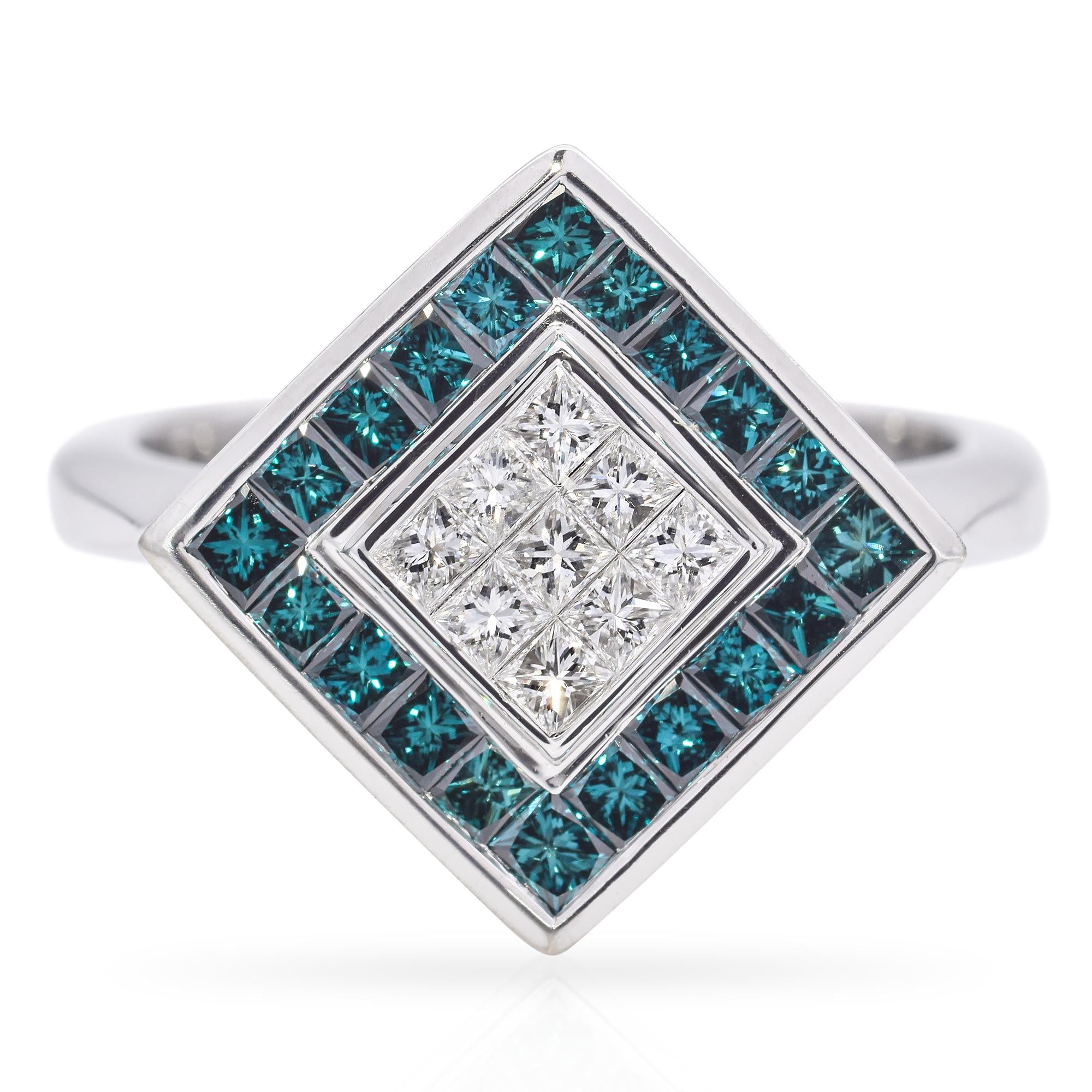 18K White Gold Blue and White Invisible Set 1.01 TCW Diamond Geometric Ring