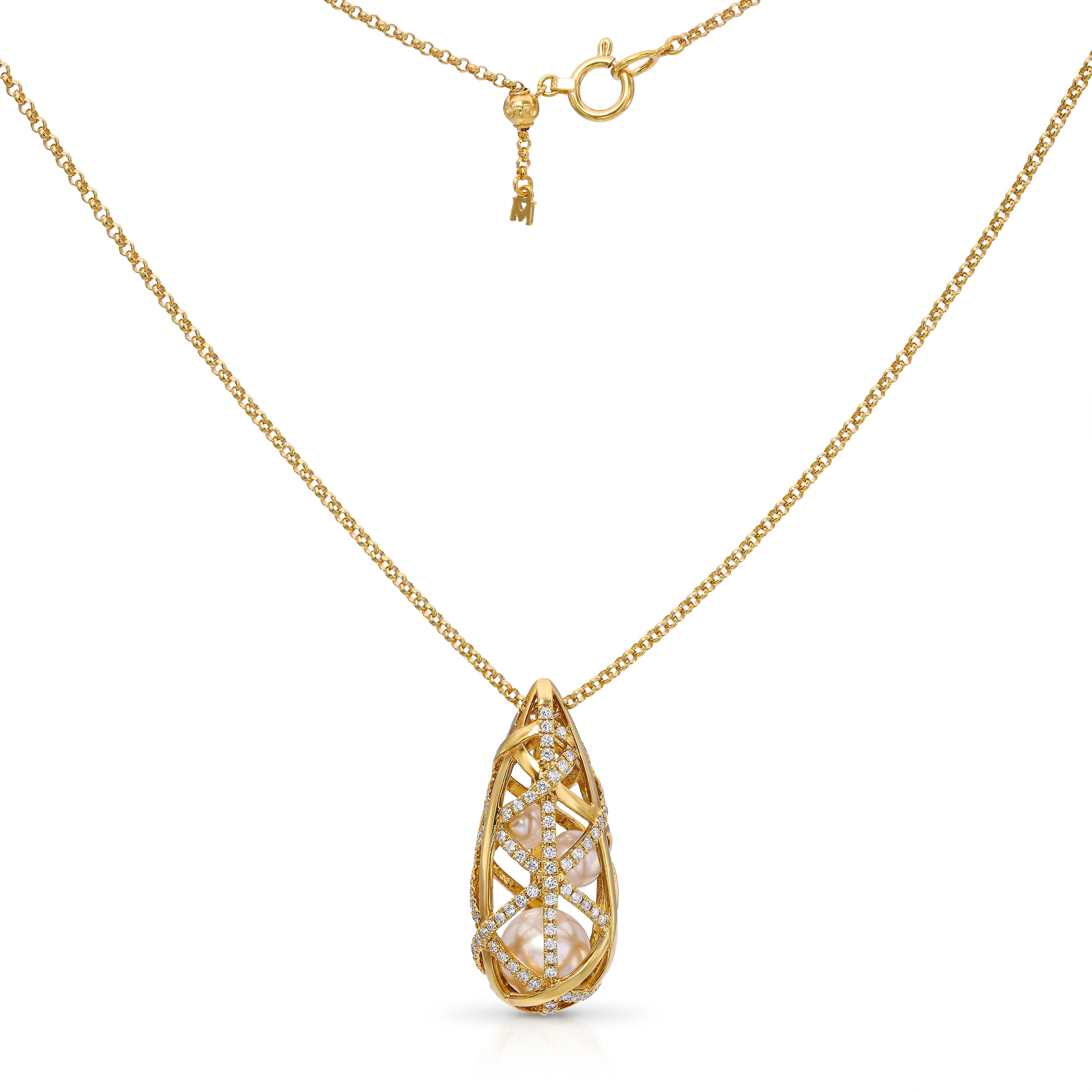 Vintage 18k Yellow Gold Mikimoto Pearl and Diamond Drop Cage Pendant Necklace