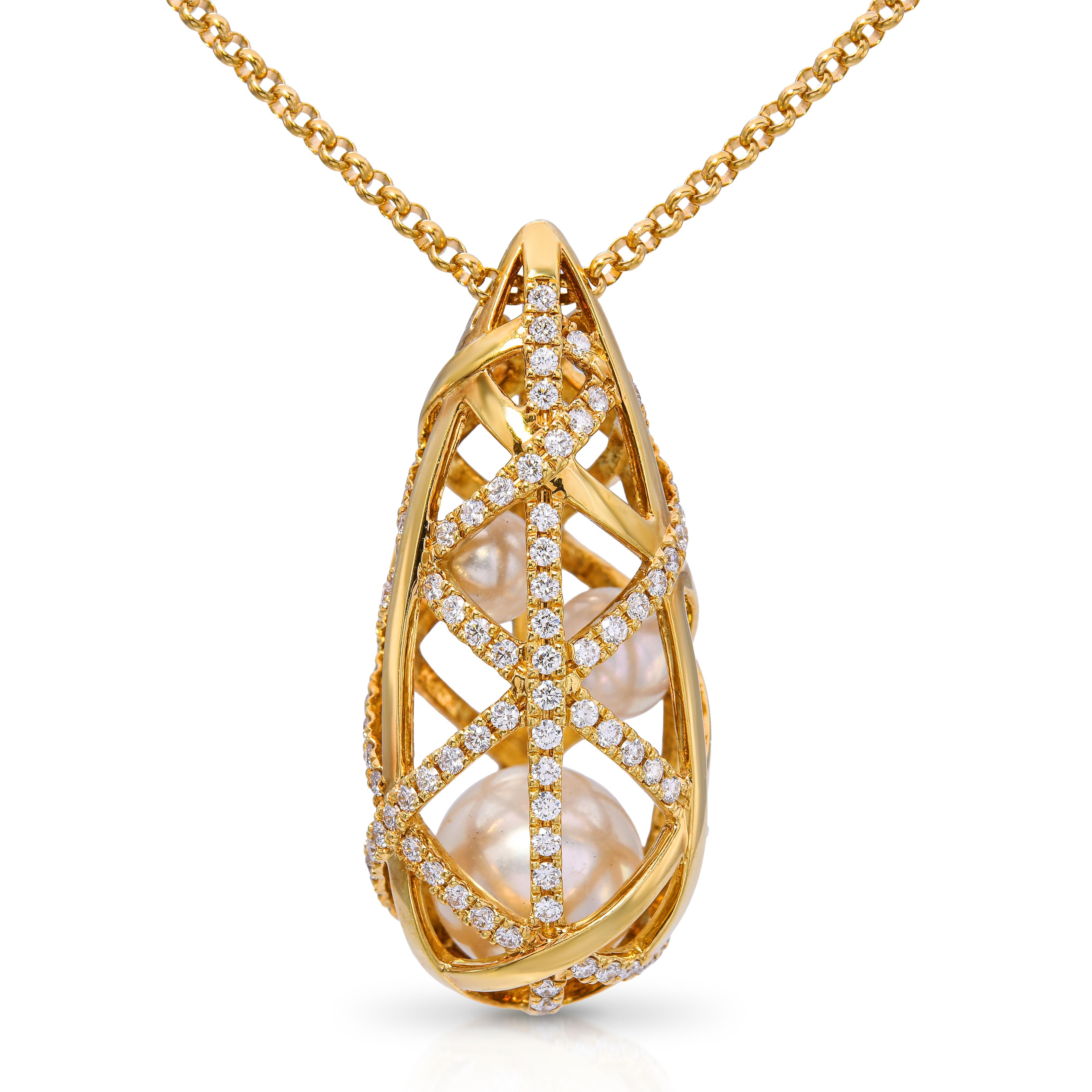 Vintage 18k Yellow Gold Mikimoto Pearl and Diamond Drop Cage Pendant Necklace