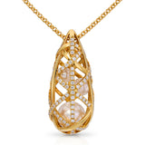 Vintage 18k Yellow Gold Mikimoto Pearl and Diamond Drop Cage Pendant Necklace