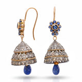 Vintage 14k Yellow Gold & Silver Rose Cut Diamond and Sapphire Bell Earrings
