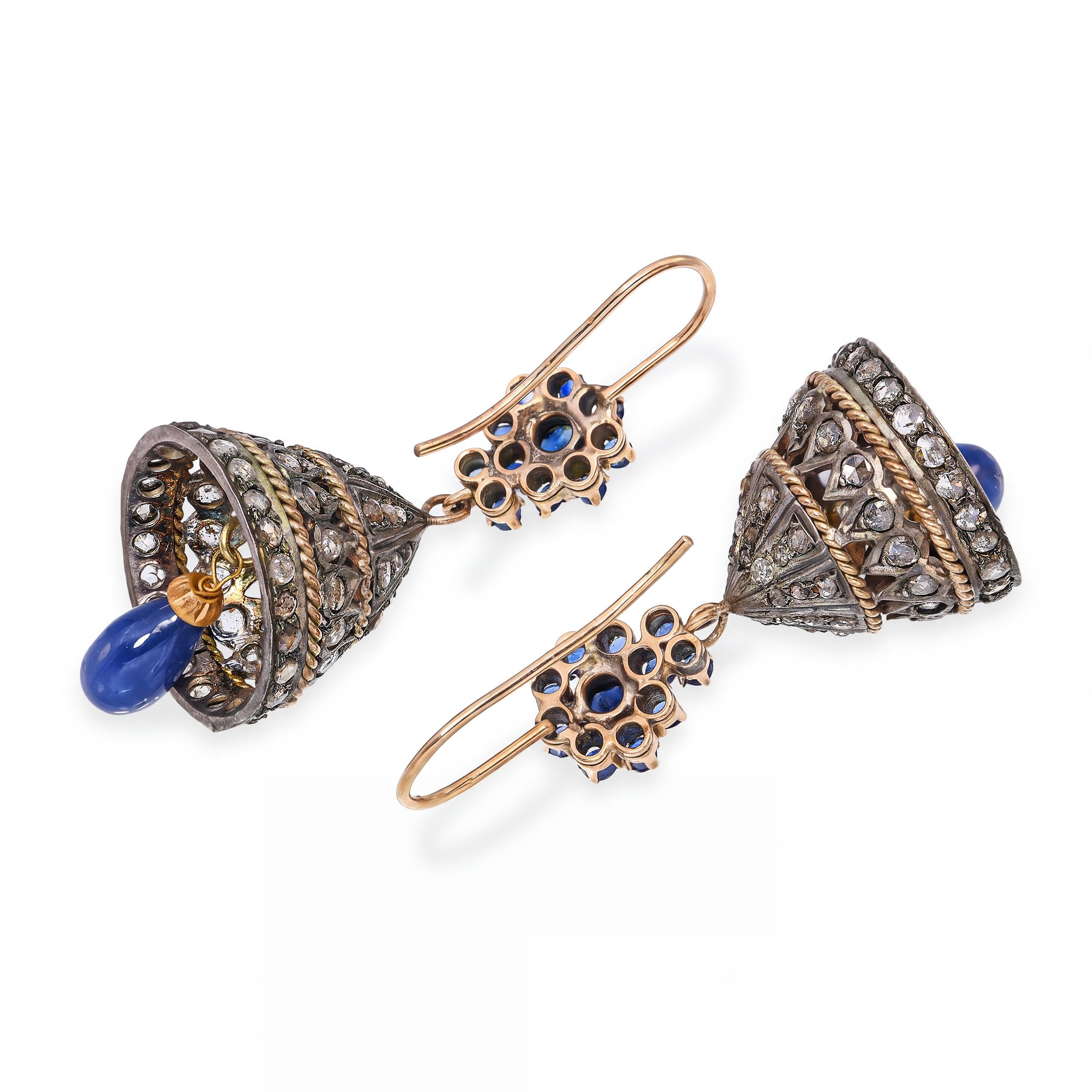 Vintage 14k Yellow Gold & Silver Rose Cut Diamond and Sapphire Bell Earrings