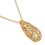 Vintage 18k Yellow Gold Mikimoto Pearl and Diamond Drop Cage Pendant Necklace