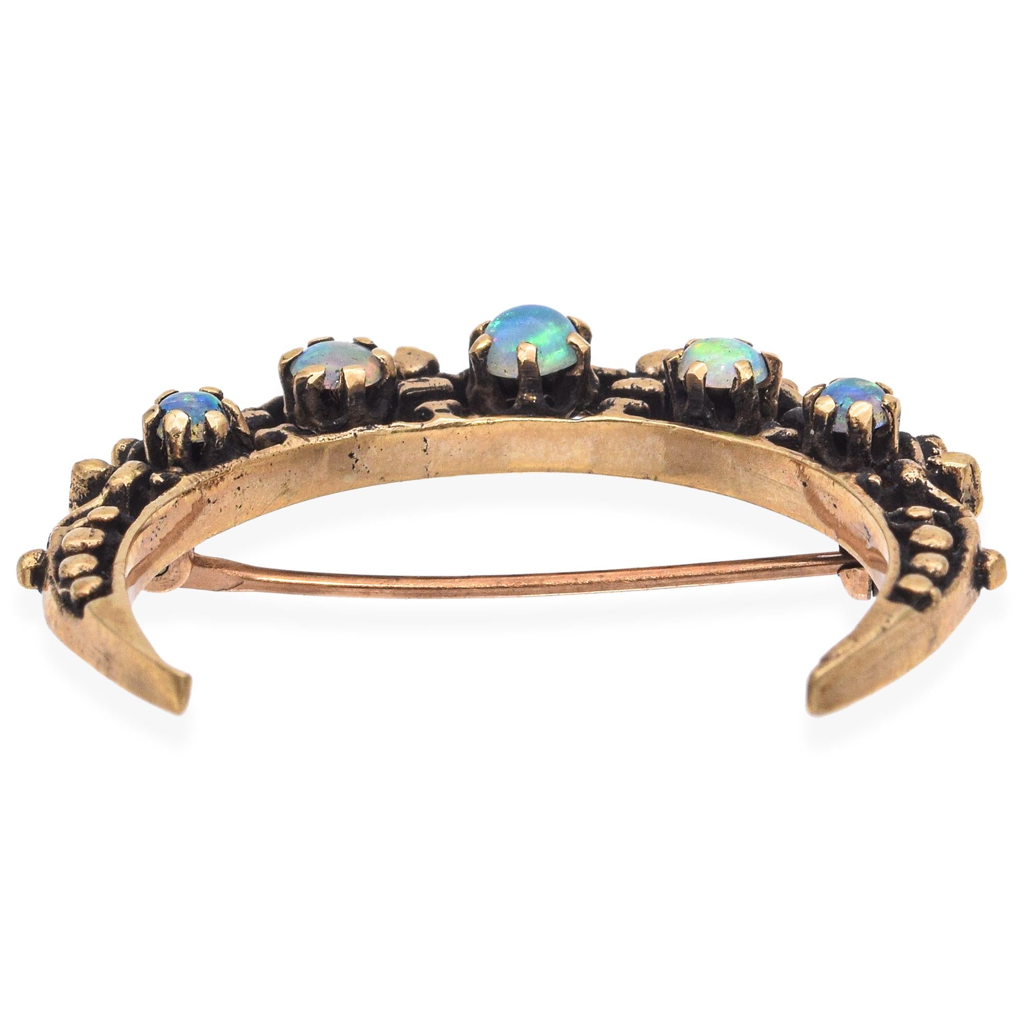 Vintage Yellow Gold Opal Crescent Moon Brooch