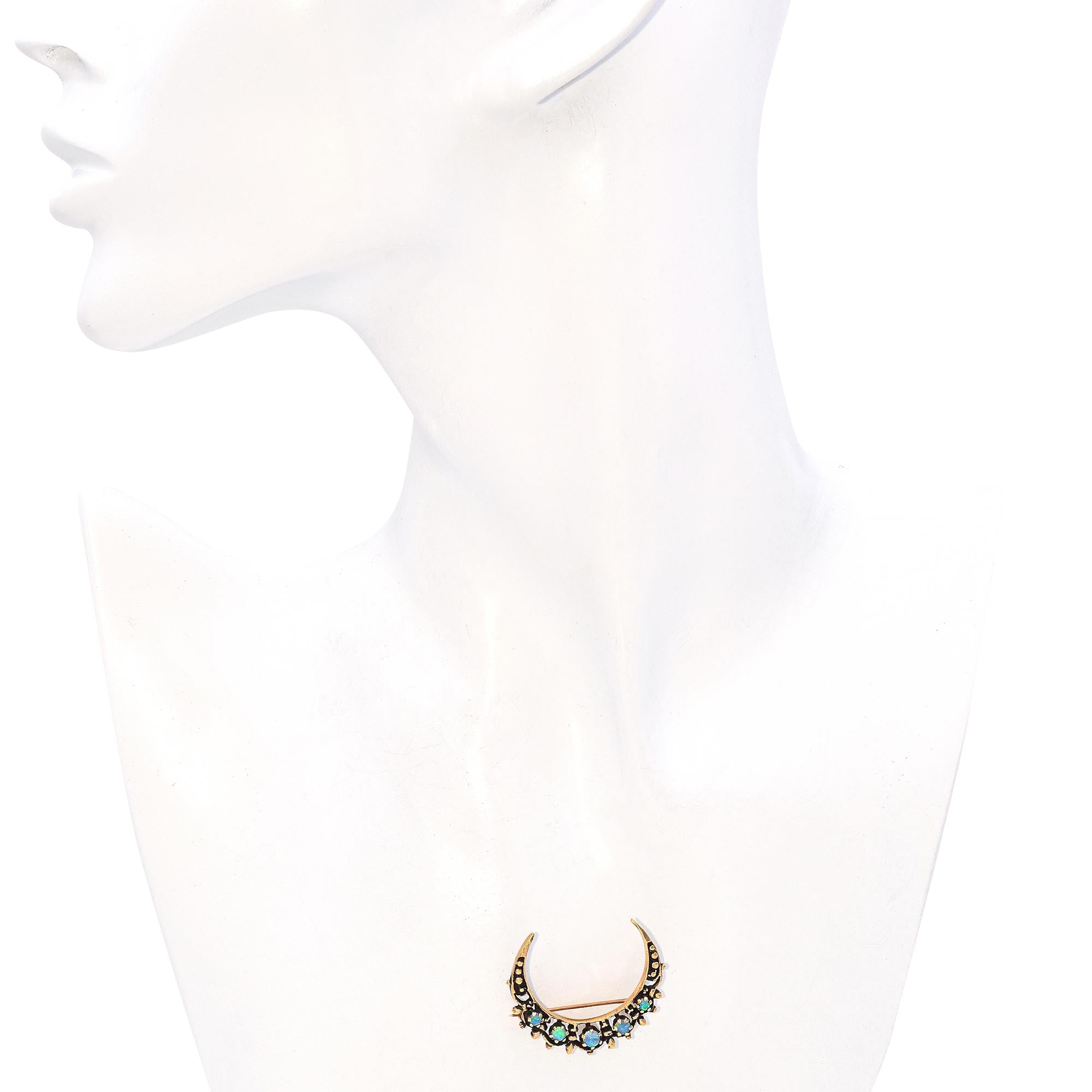 Vintage Yellow Gold Opal Crescent Moon Brooch