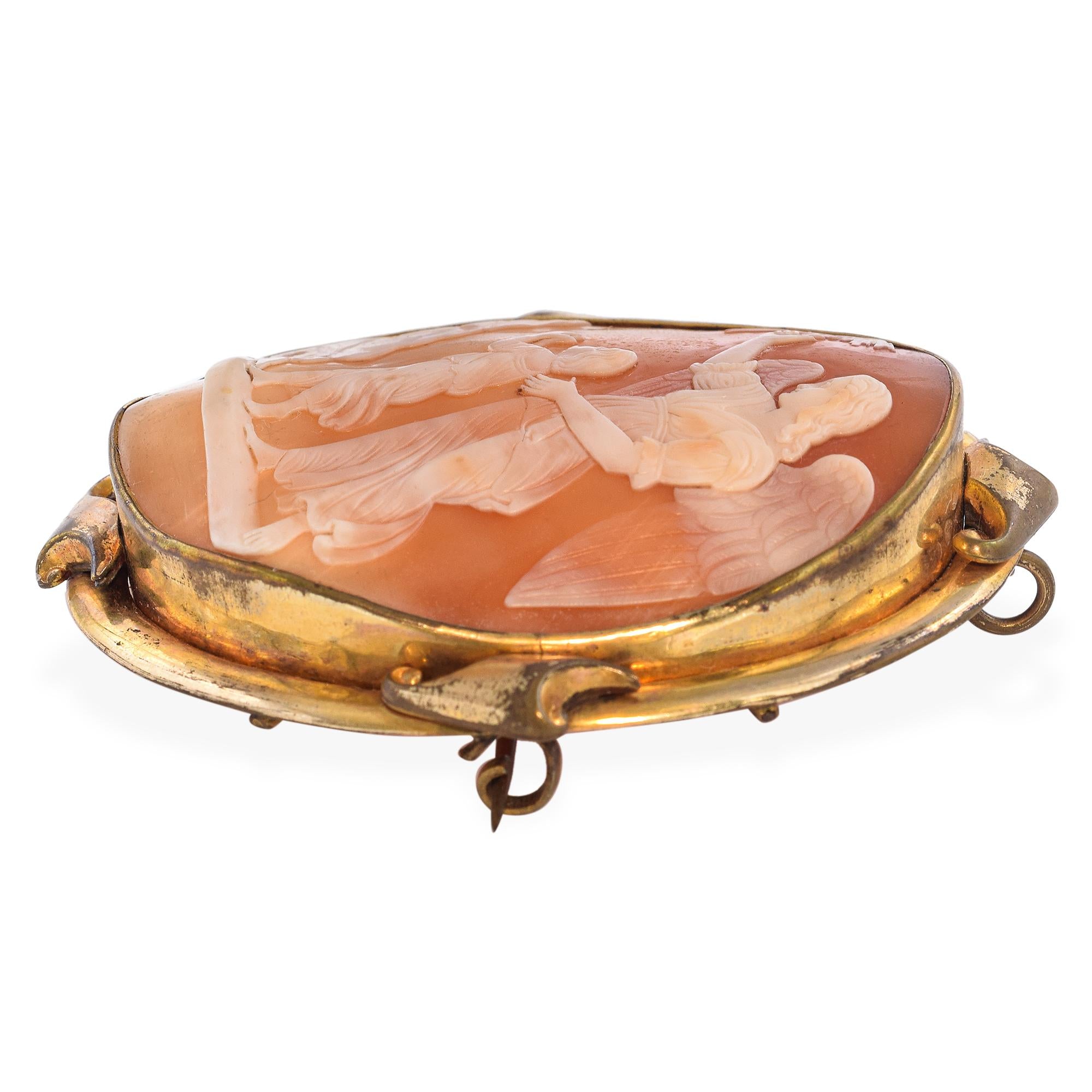 Antique Gilt "Guardian Angel" Cameo Brooch Pendant