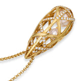 Vintage 18k Yellow Gold Mikimoto Pearl and Diamond Drop Cage Pendant Necklace