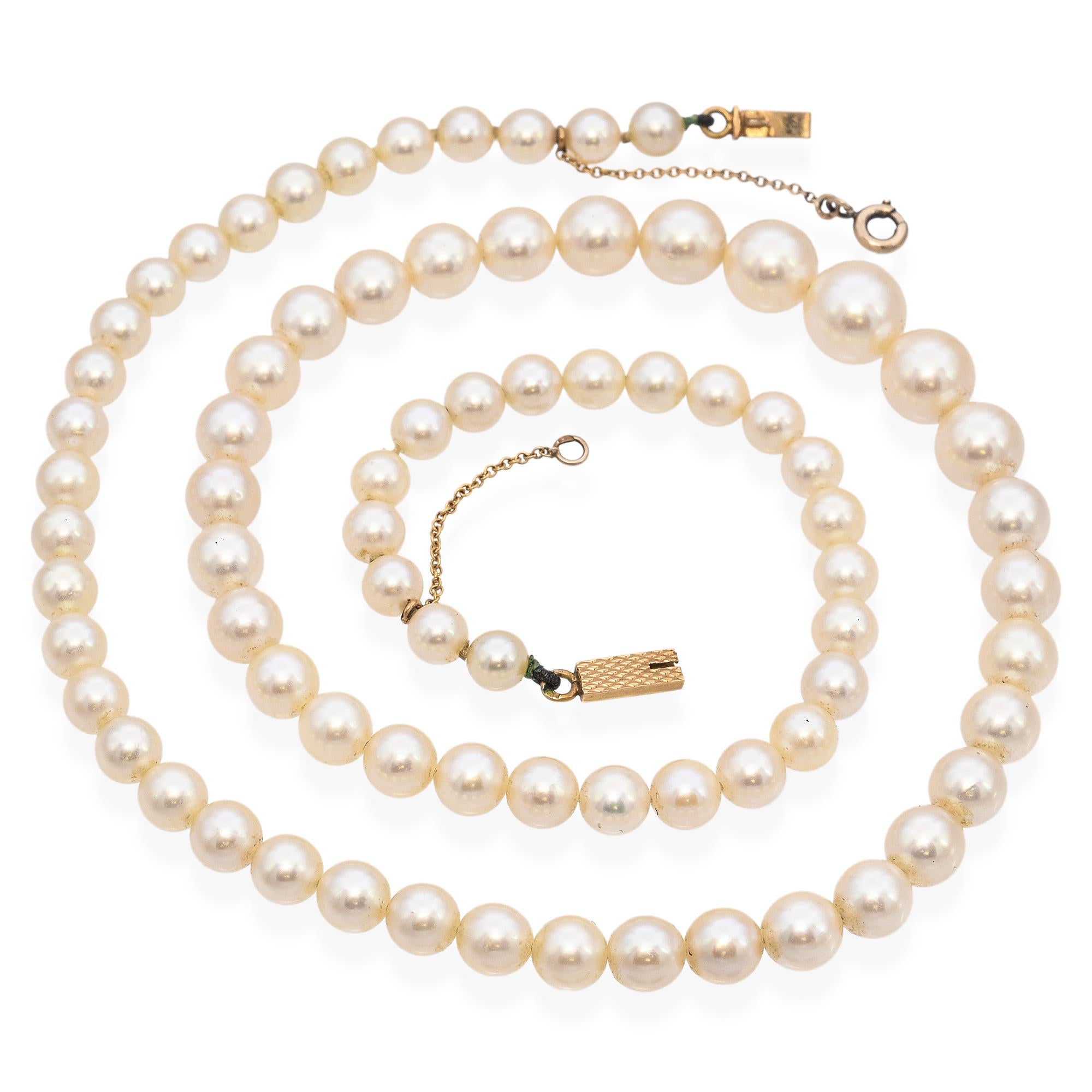 Vintage 18K Yellow Gold Graduated Pearl Beaded Strand Necklace
