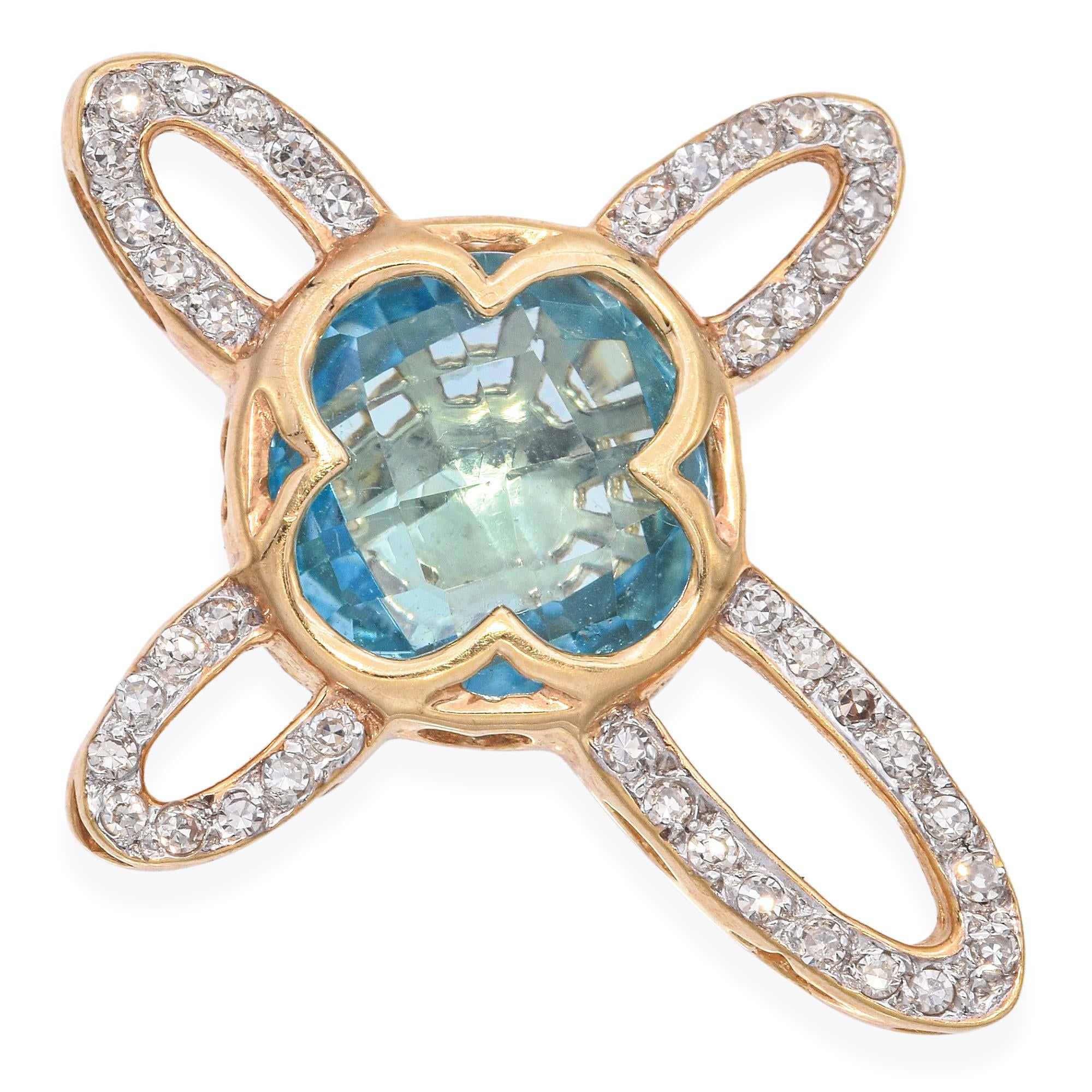 14k Yellow Gold Diamond and Topaz Cross Pendant