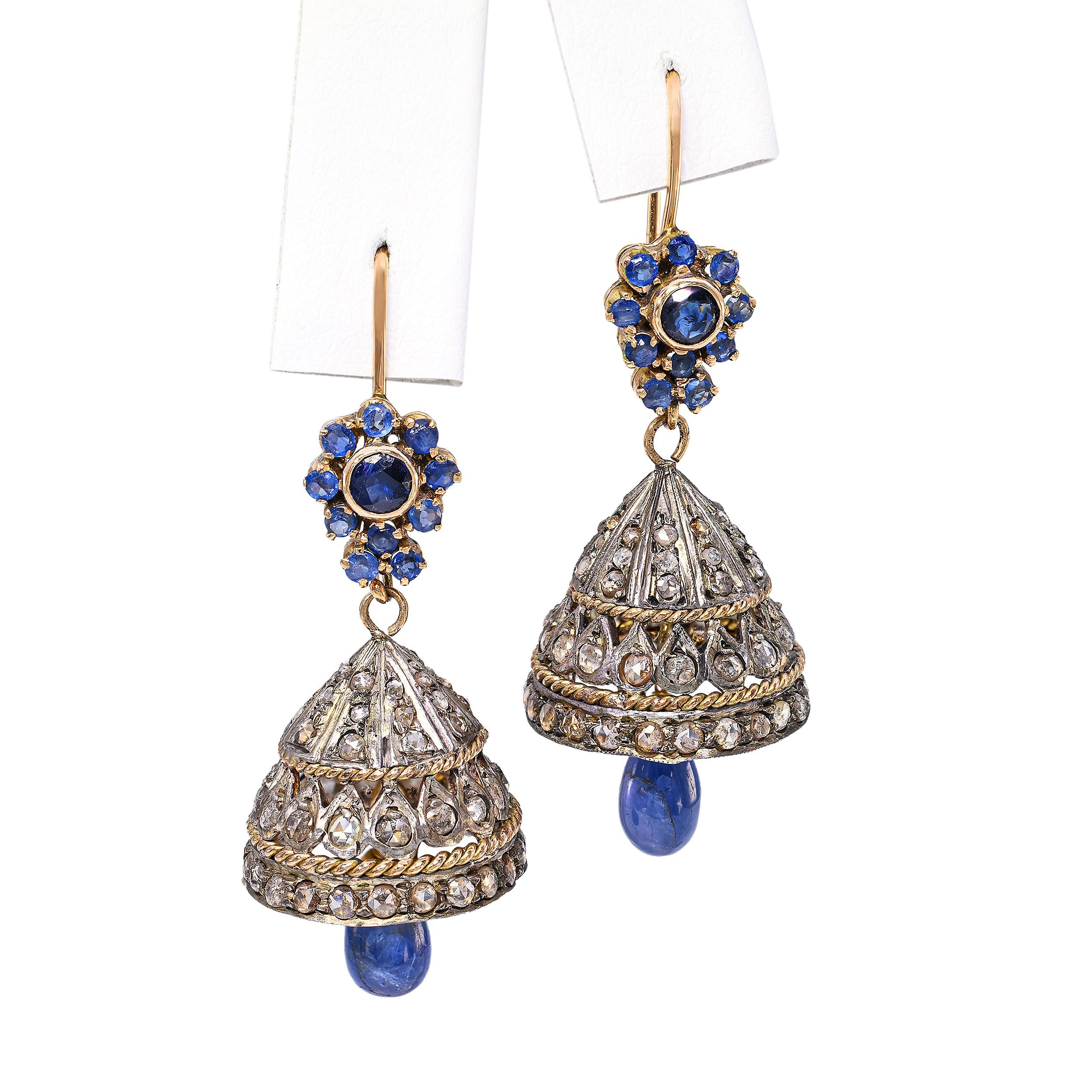Vintage 14k Yellow Gold & Silver Rose Cut Diamond and Sapphire Bell Earrings