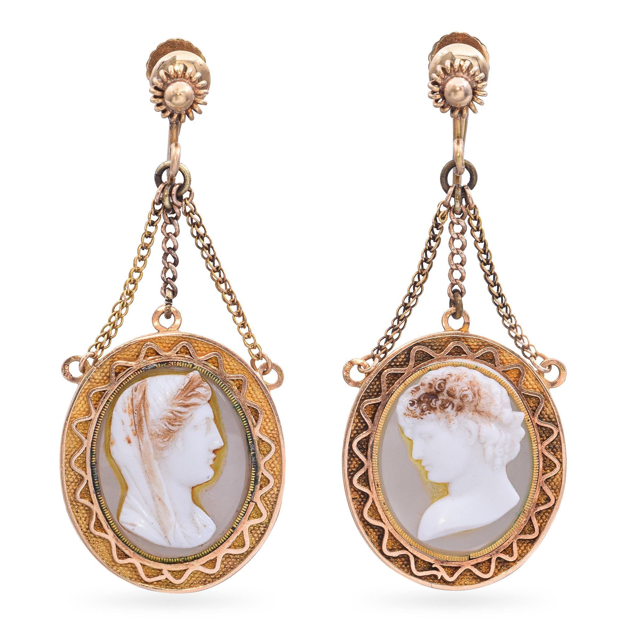 Vintage 14k Yellow Gold Shell Cameo Drop Earrings