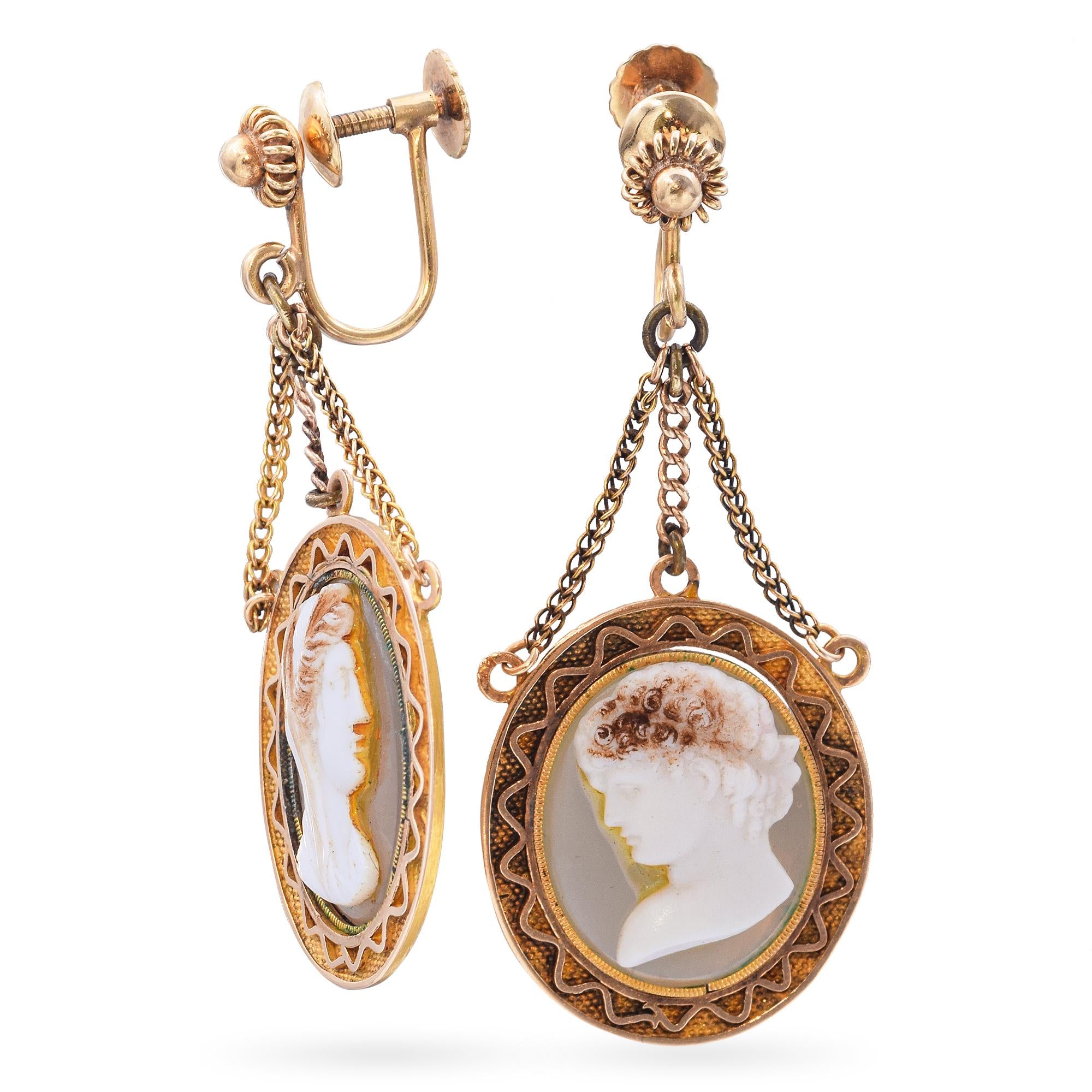 Vintage 14k Yellow Gold Shell Cameo Drop Earrings