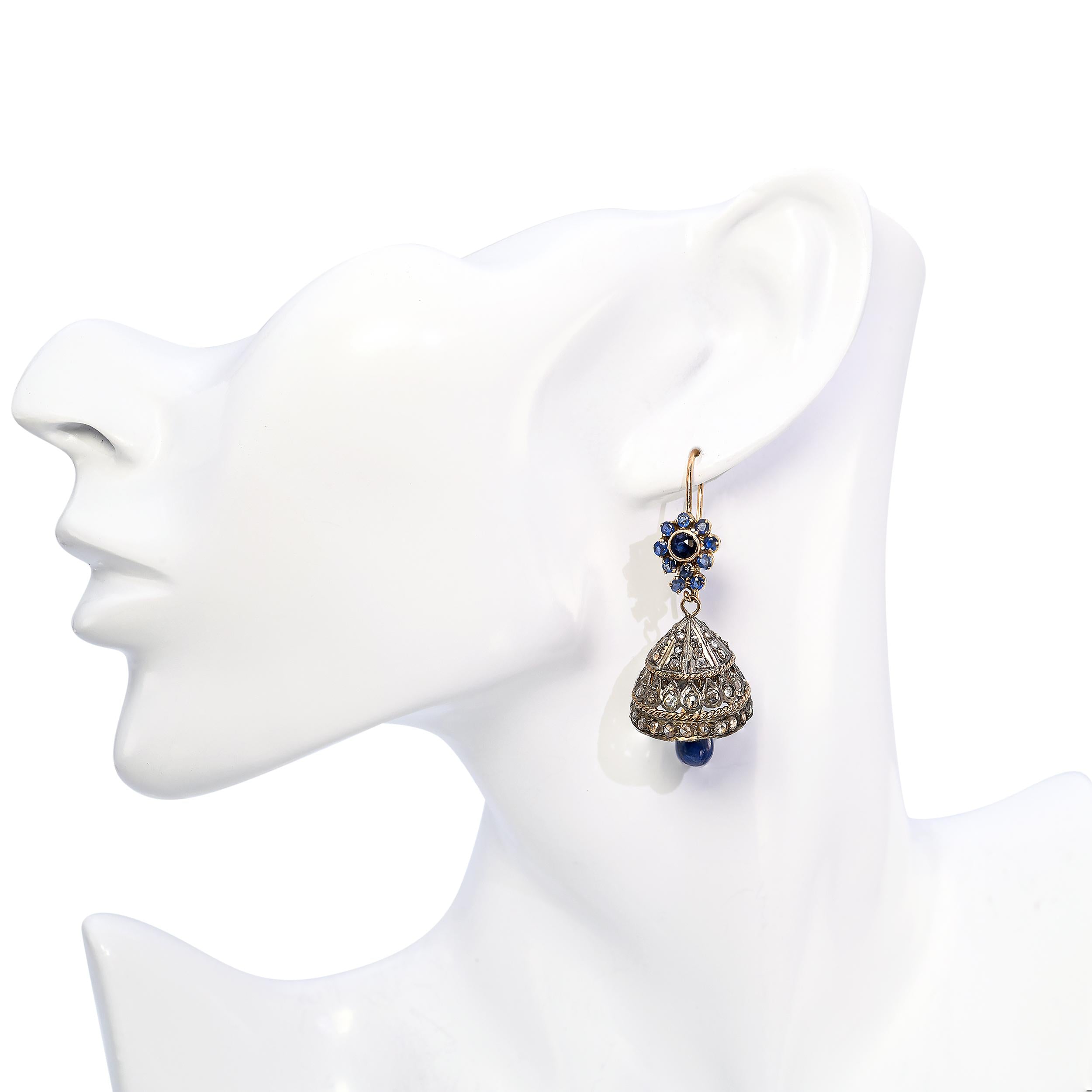 Vintage 14k Yellow Gold & Silver Rose Cut Diamond and Sapphire Bell Earrings