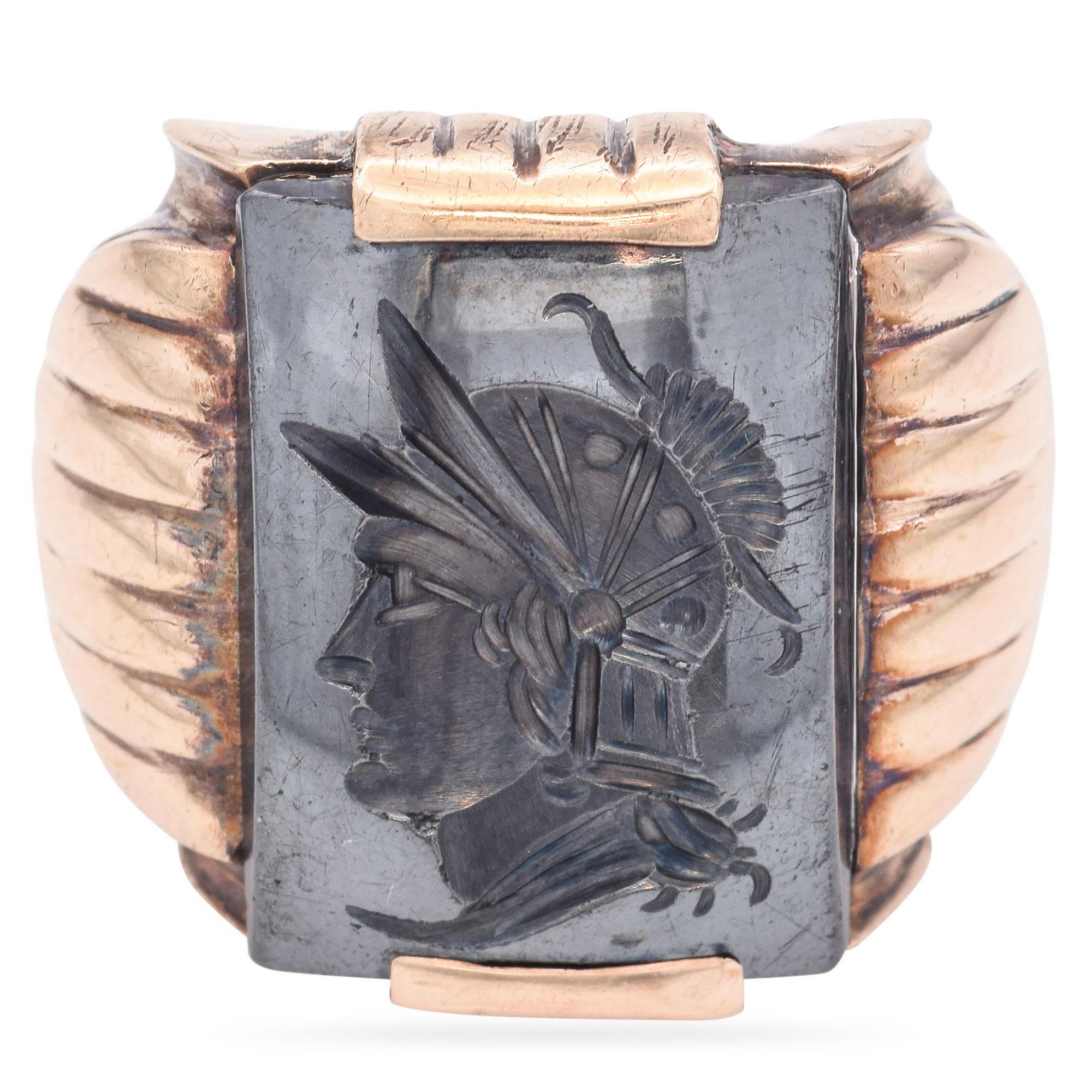 Vintage 10k Yellow Gold Hematite Intaglio Roman Soldier Ring