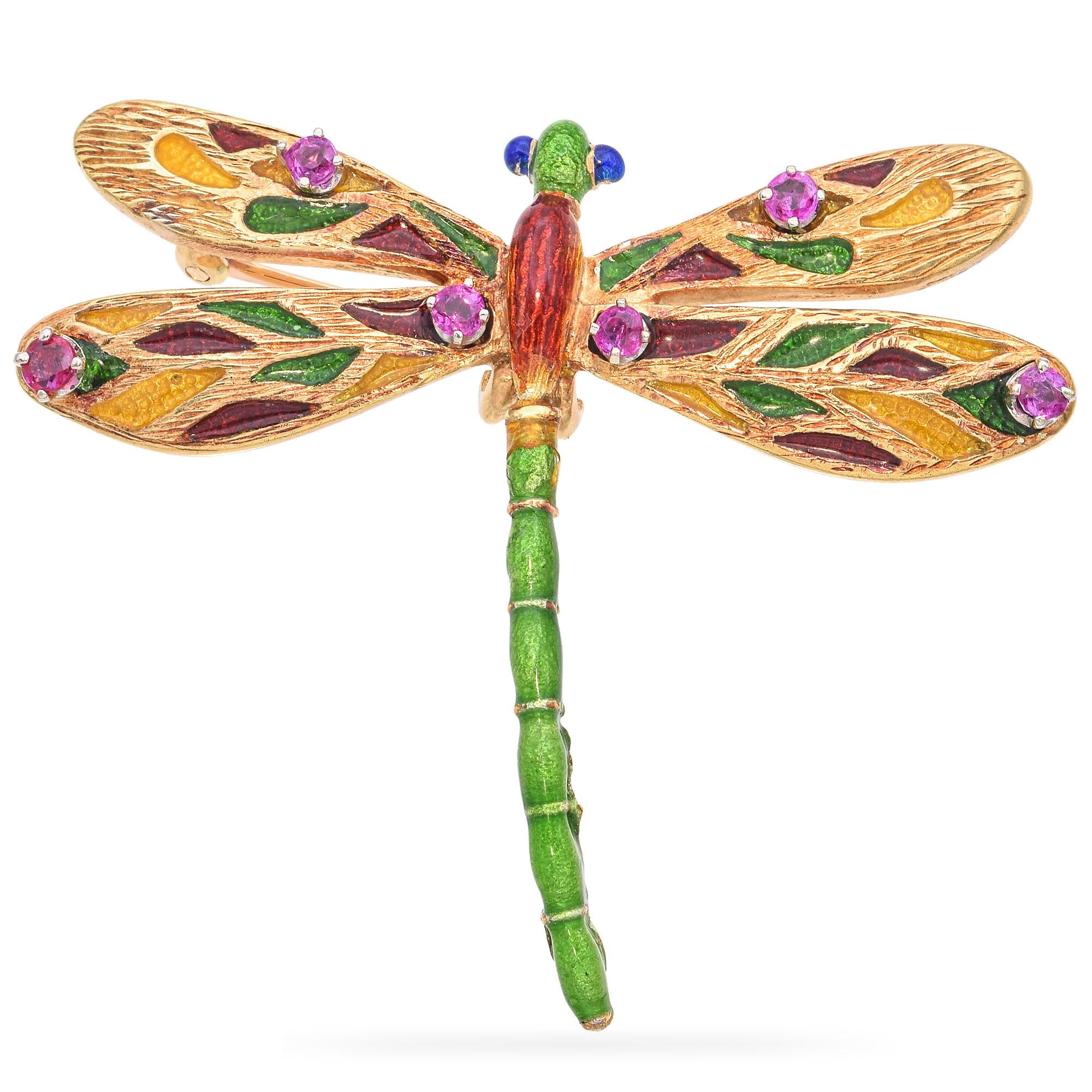 Vintage 14k Yellow Gold Ruby and Enamel Dragonfly Brooch