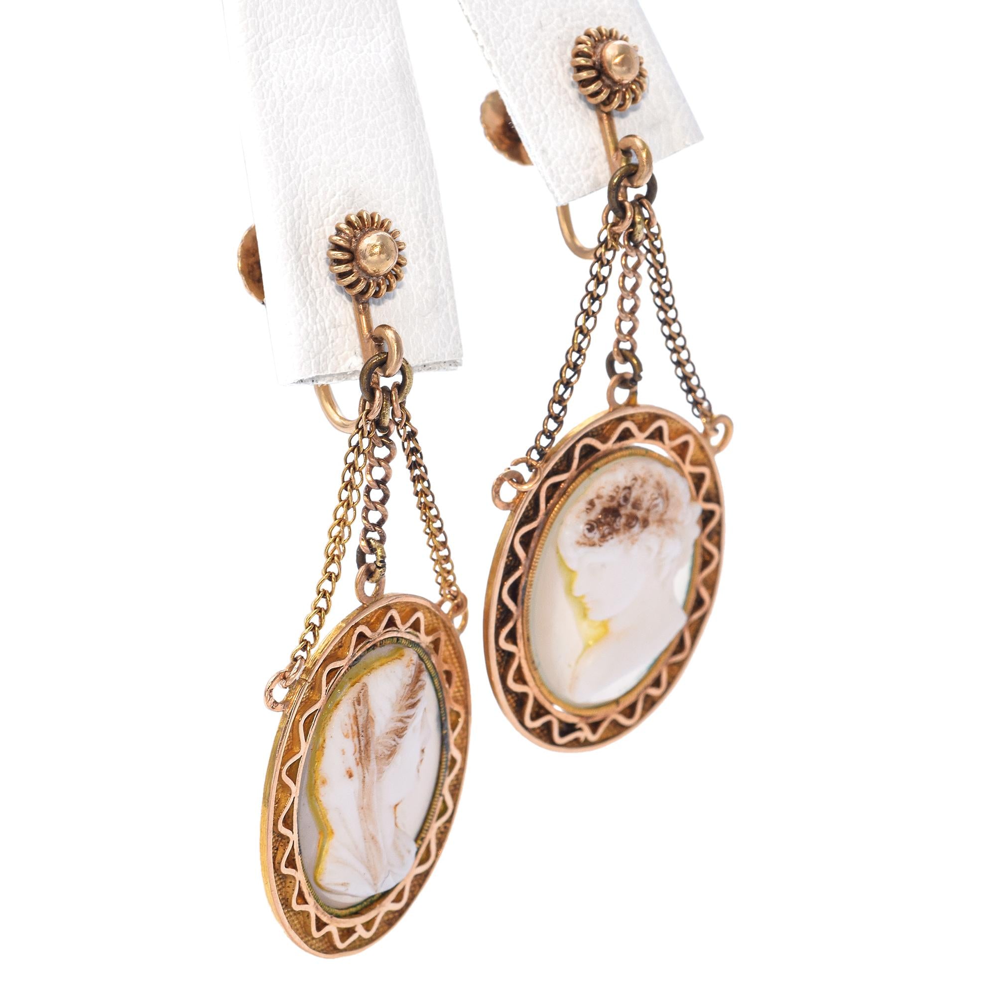 Vintage 14k Yellow Gold Shell Cameo Drop Earrings