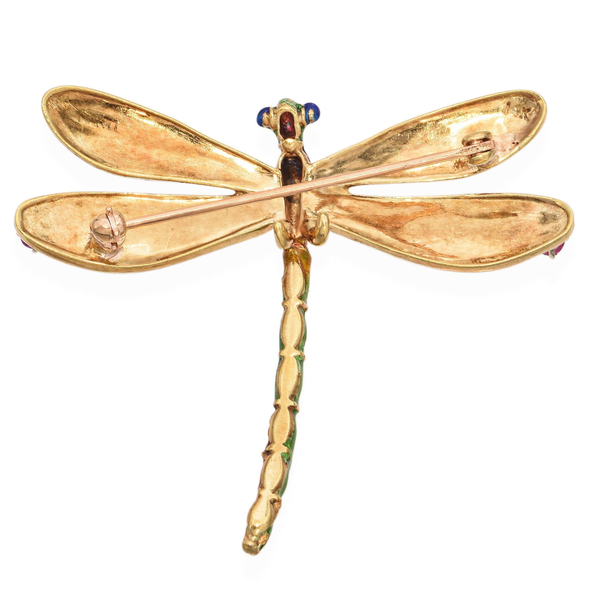 Vintage 14k Yellow Gold Ruby and Enamel Dragonfly Brooch